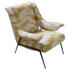 Retro 1950
s Italian Armchair Black Steel and Mustard/Ivory Jacquard Fabric
