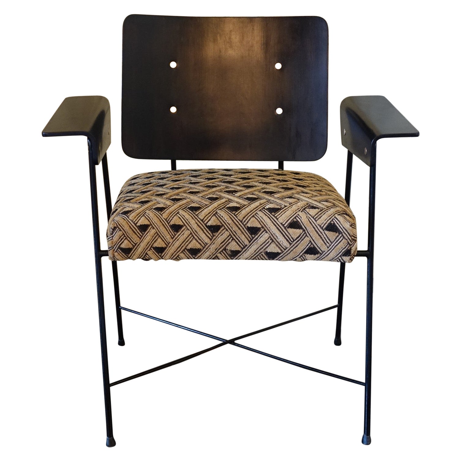 1950
s Italian Armchair Black Wood and Steel, African Kuba Cloth Seat Cushion For Sale