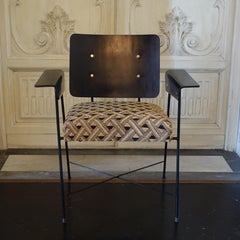 1950's Italian Armchair Black Wood and Steel, African Kuba Cloth Seat Cushion