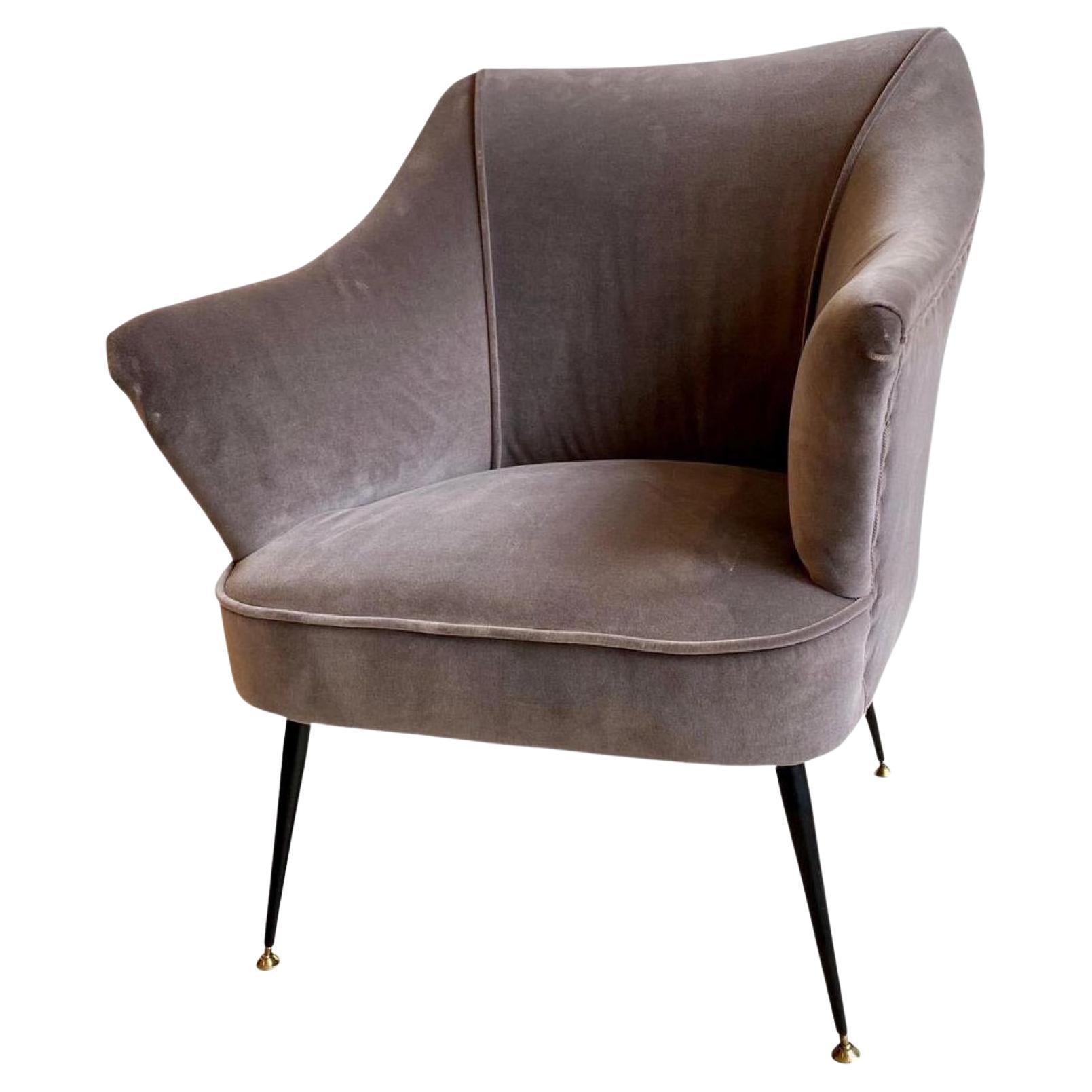 1950s Italian Armchair Grey Velvet in the Manner of Gio Ponti