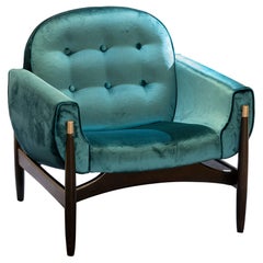 1950s Italian Armchair in Walnut and Teal Velvet, Brushed Chrome Details
