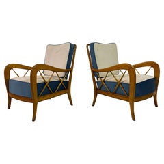 1950s Italian Armchairs in Blue and White Velvet