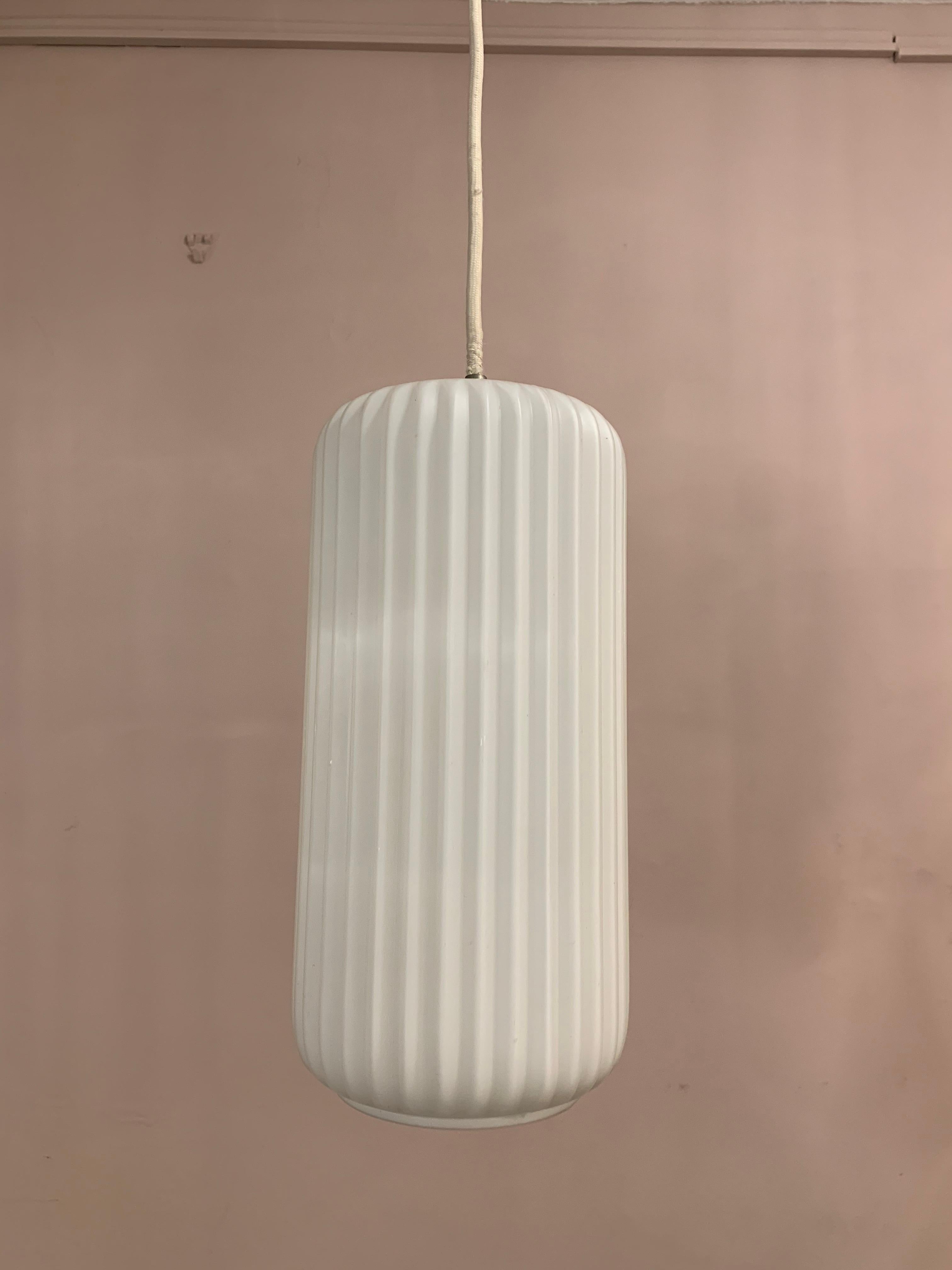 1950s Italian Arredoluce Style Opaline Ribbed Glass Pendant Hanging Light 2