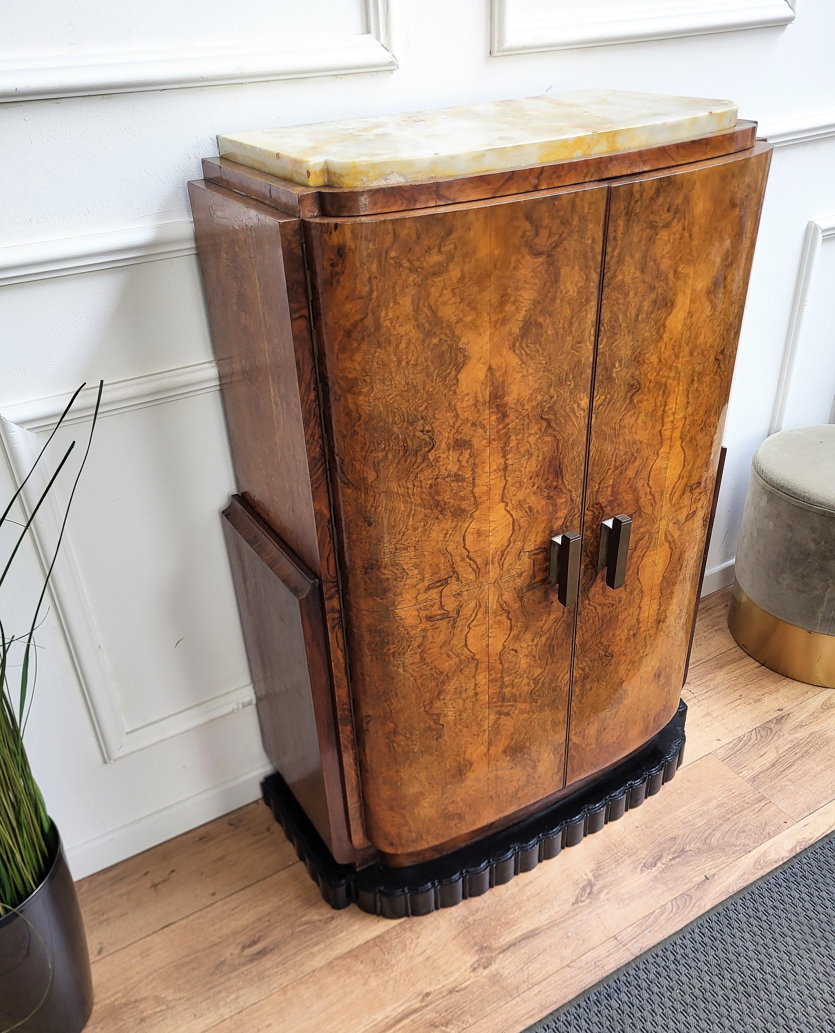 Brass 1950s Italian Art Deco Burl Wood and Marble Top Cabinet Bar Credenza Sideboard For Sale