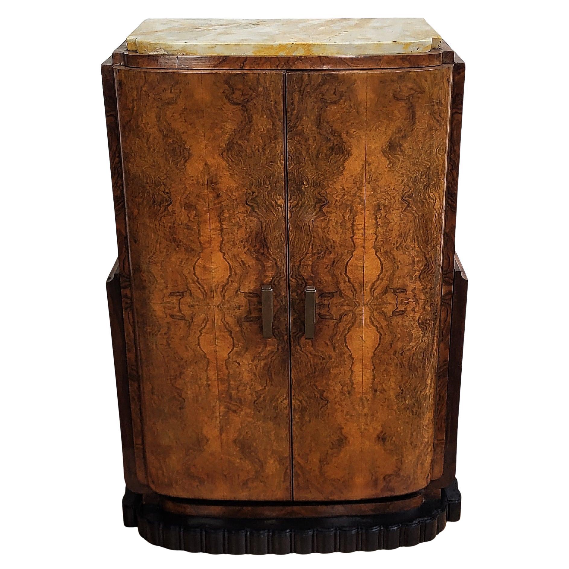 1950s Italian Art Deco Burl Wood and Marble Top Cabinet Bar Credenza Sideboard For Sale