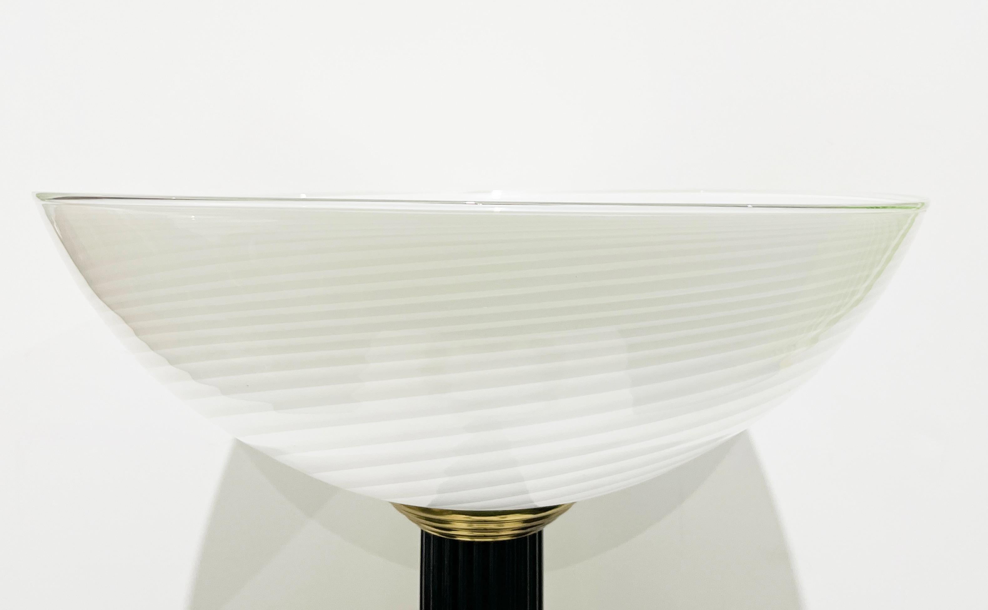 Mid-Century Modern 1950s Italian Art Deco Design White Murano Glass Black Lacquered Wood Floor Lamp For Sale