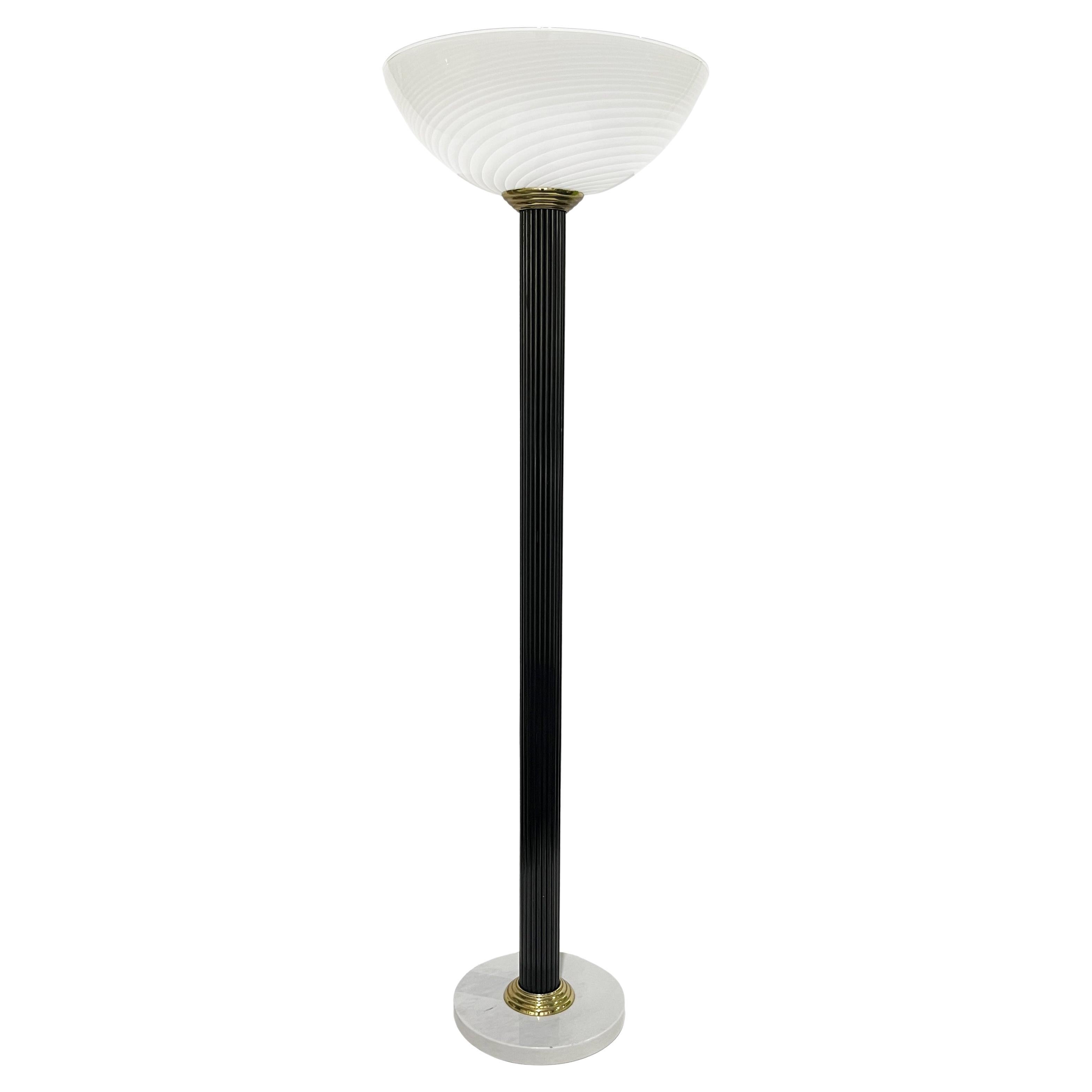 1950s Italian Art Deco Design White Murano Glass Black Lacquered Wood Floor Lamp
