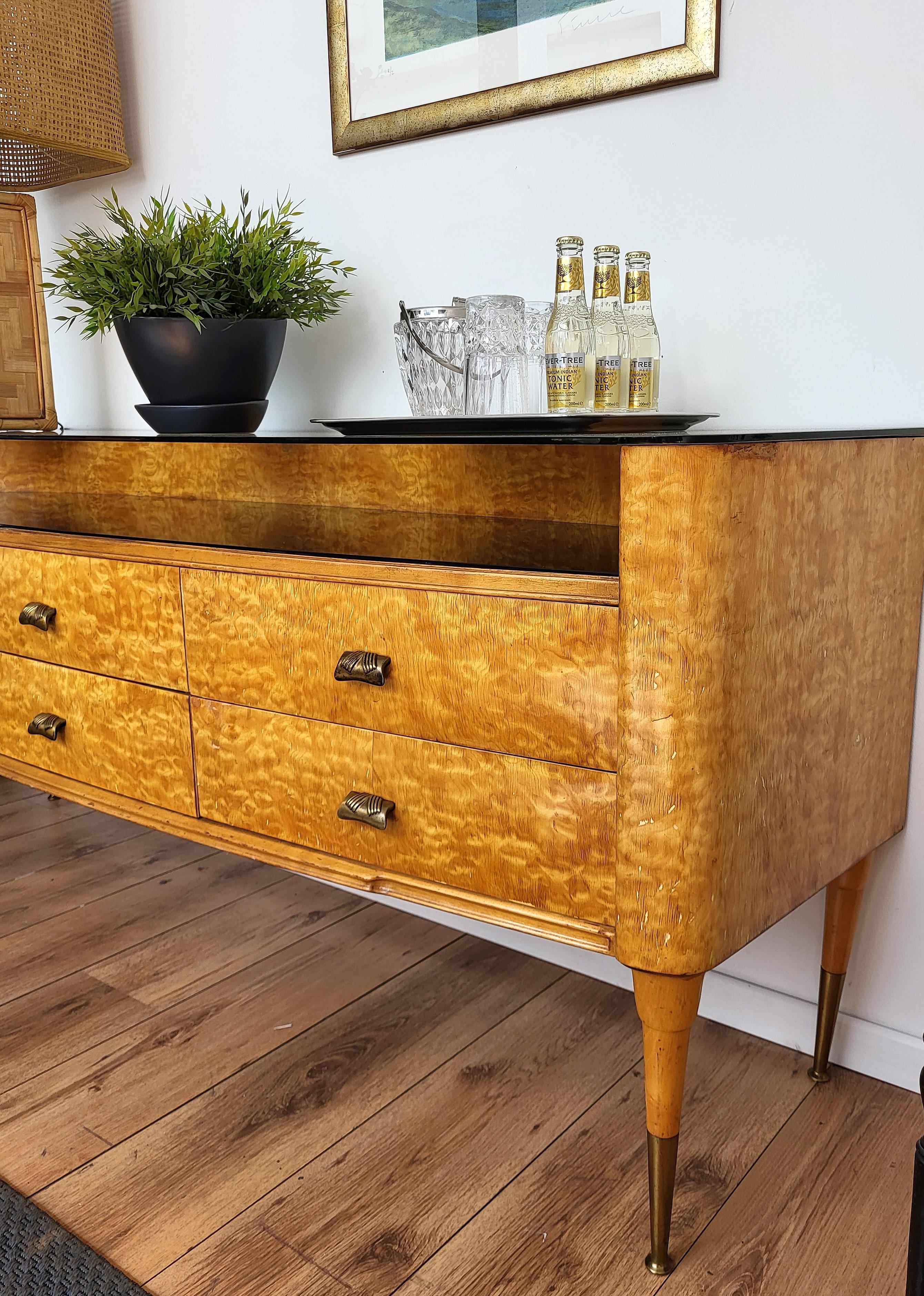 20th Century 1950s Italian Art Deco Mid-Century Modern Wood Glass Brass Credenza Sideboard For Sale