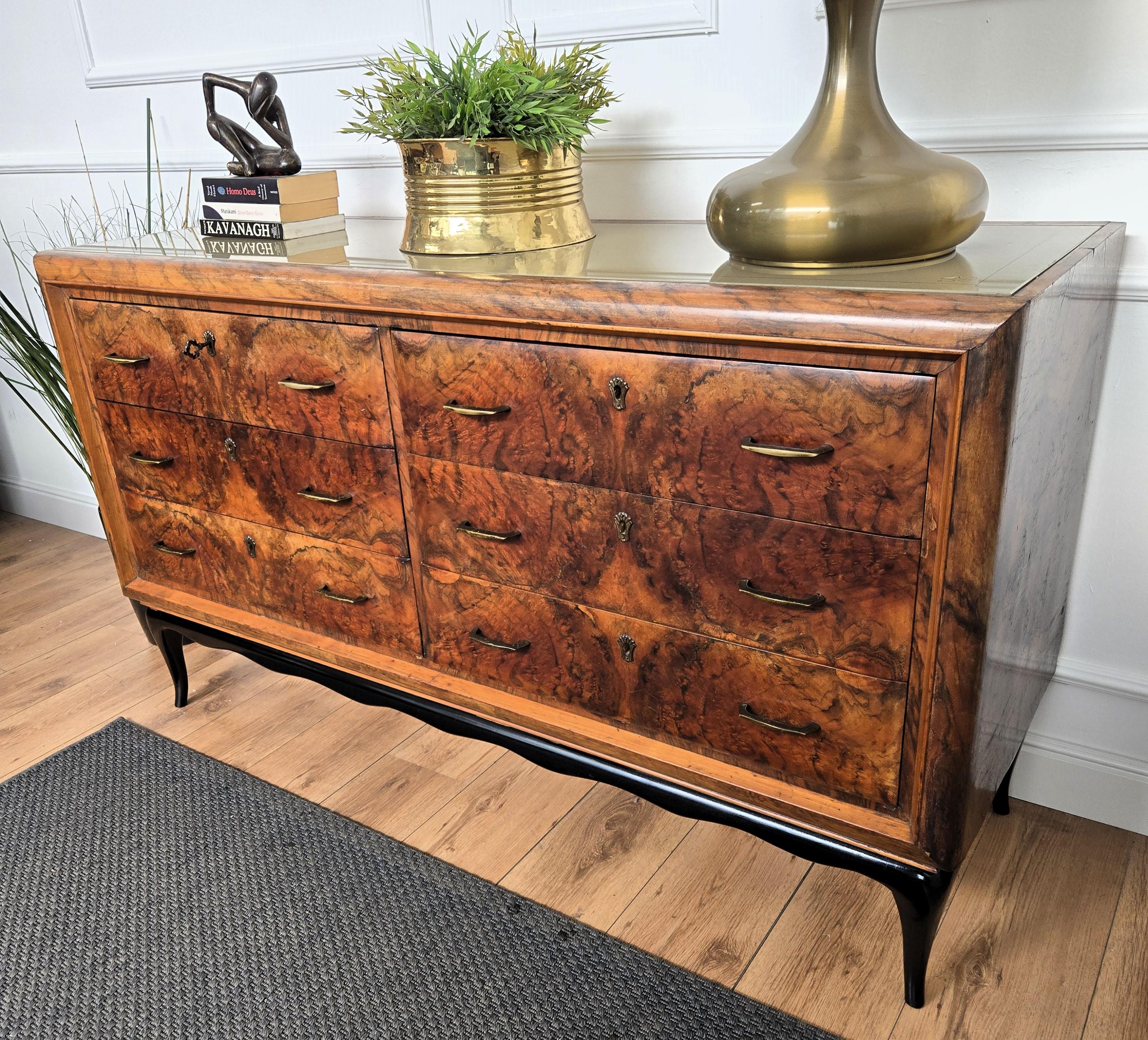 20th Century 1950s Italian Art Deco Mid-Century Modern Wood Glass Brass Credenza Sideboard