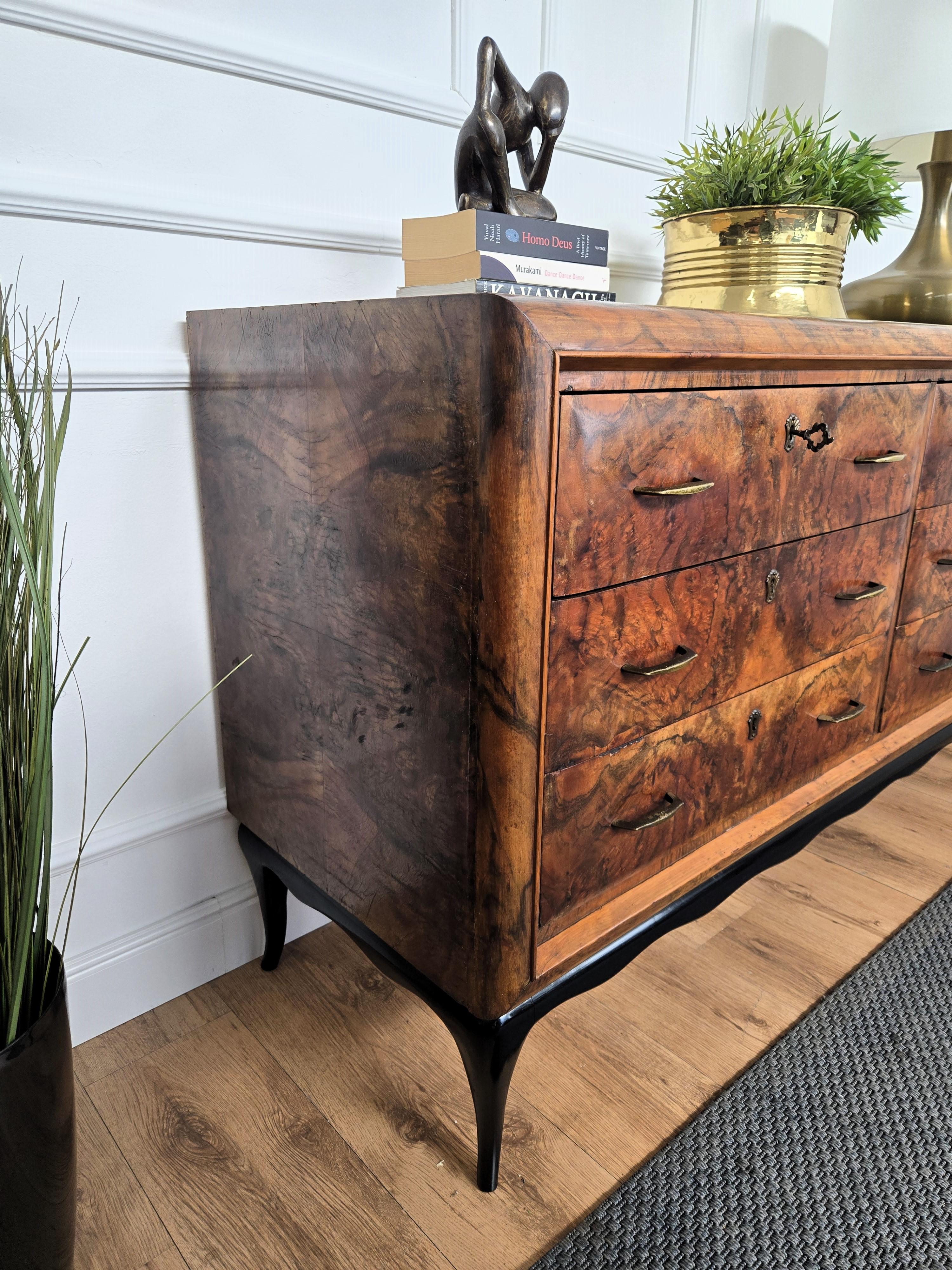 1950s Italian Art Deco Mid-Century Modern Wood Glass Brass Credenza Sideboard 1