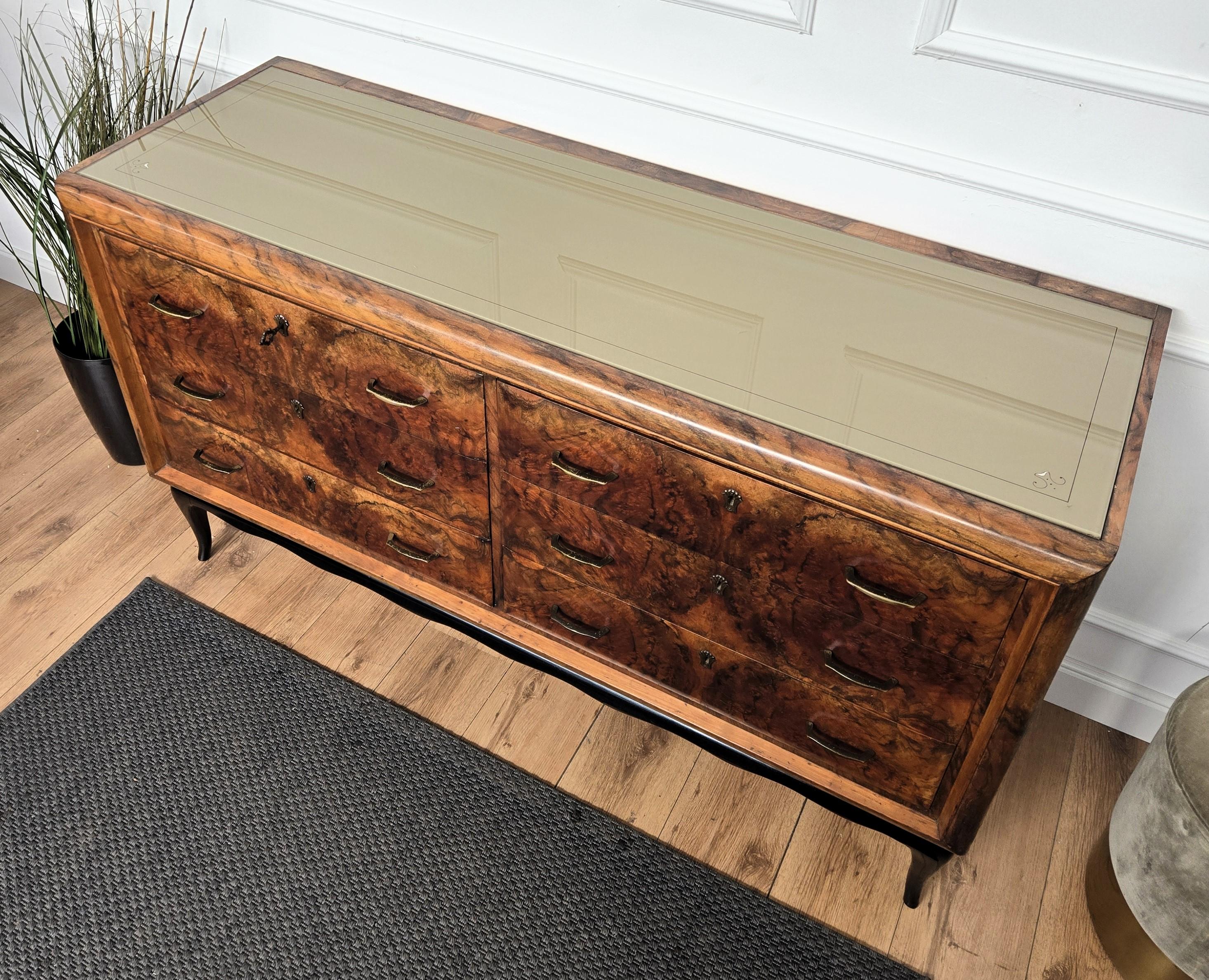 1950s Italian Art Deco Mid-Century Modern Wood Glass Brass Credenza Sideboard 2