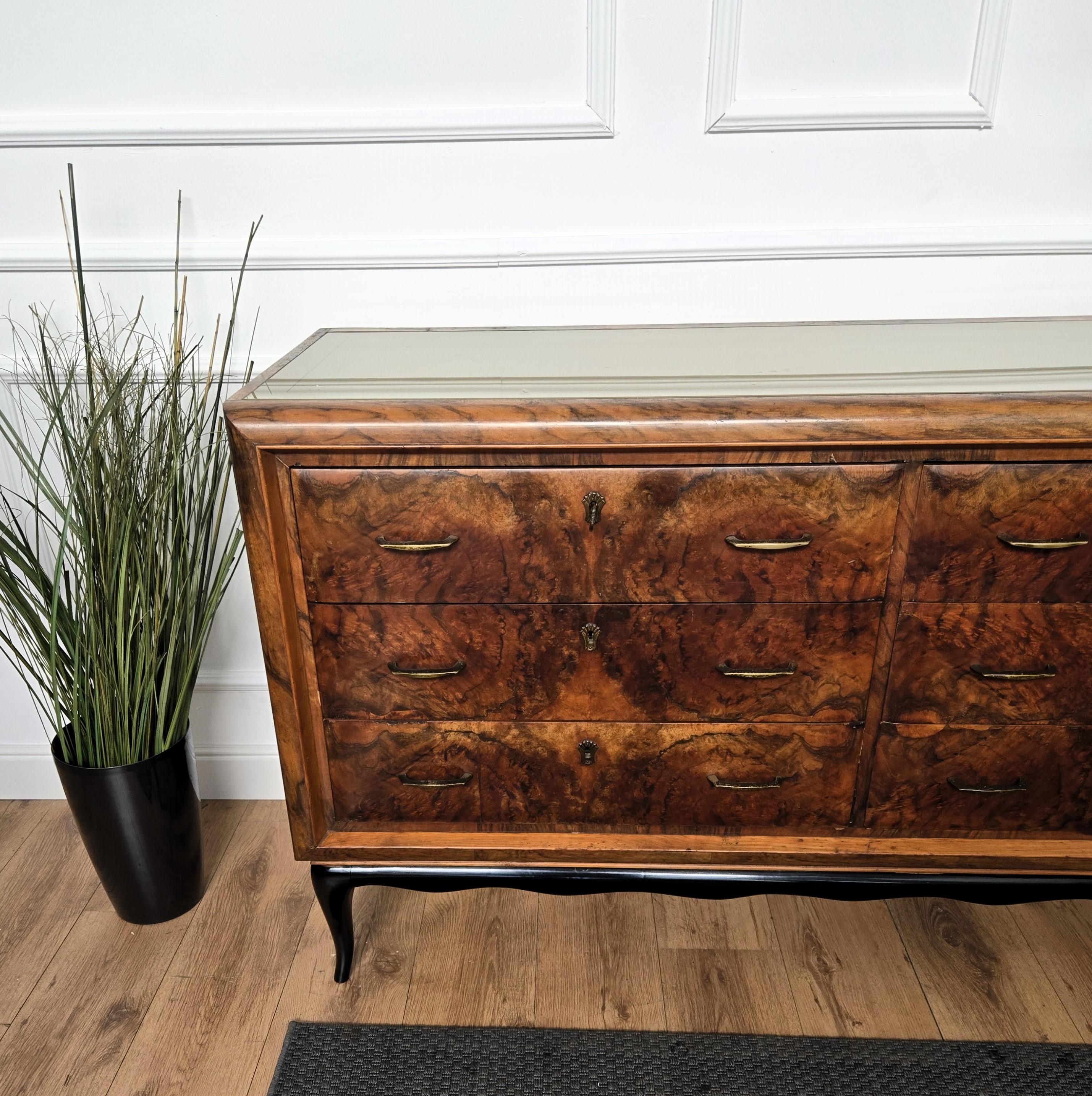 1950s Italian Art Deco Mid-Century Modern Wood Glass Brass Credenza Sideboard 3