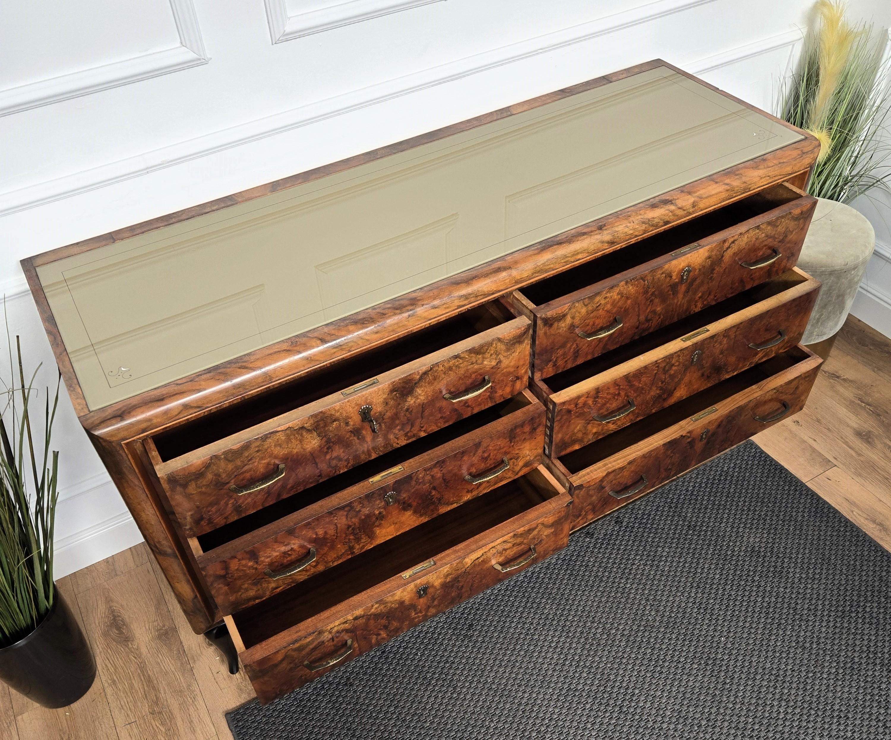 1950s Italian Art Deco Mid-Century Modern Wood Glass Brass Credenza Sideboard 5