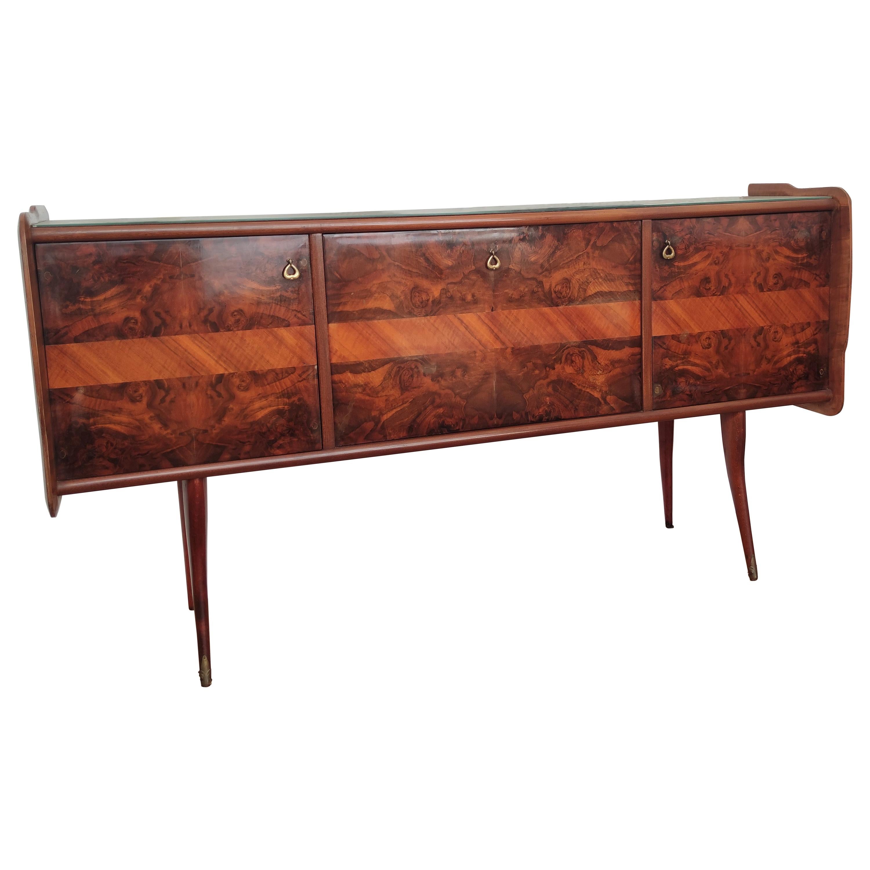 1950s Italian Art Deco Midcentury Burl Wood and Mirror Mosaic Credenza