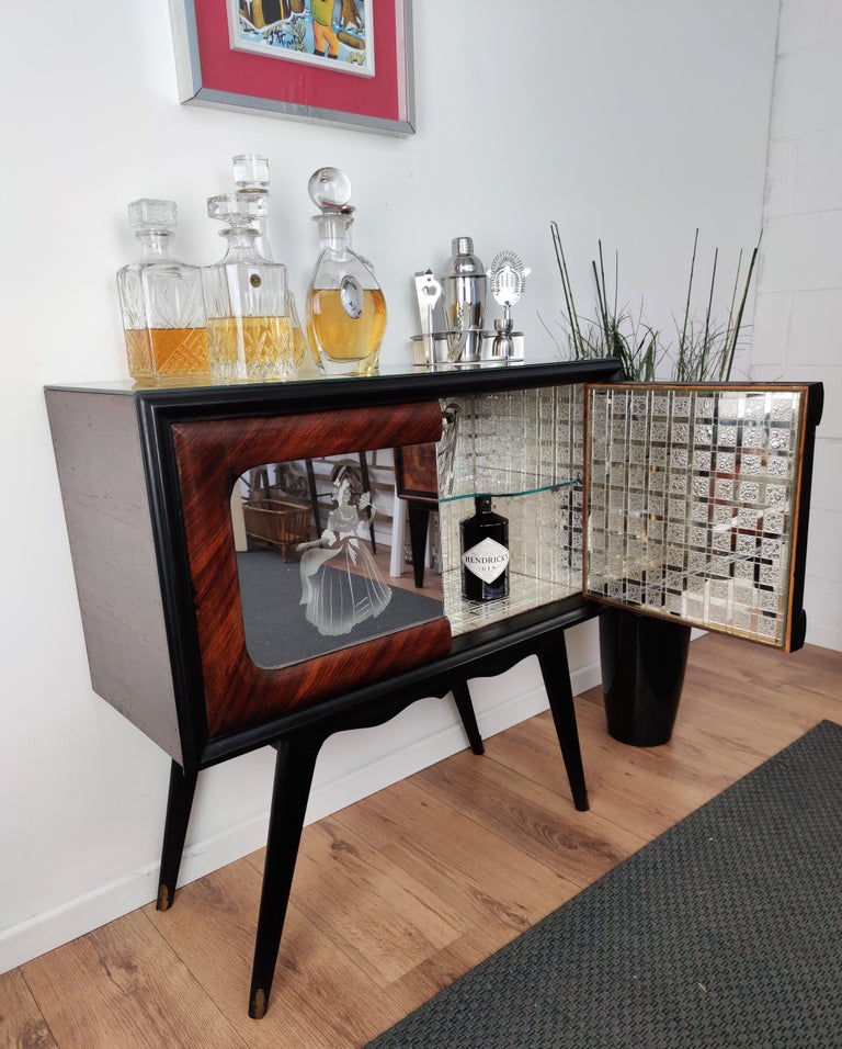 20th Century 1950s Italian Art Deco Midcentury Regency Wood and Mirror Mosaic Dry Bar Cabinet For Sale