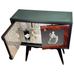 1950s Italian Art Deco Midcentury Regency Wood and Mirror Mosaic Dry Bar Cabinet