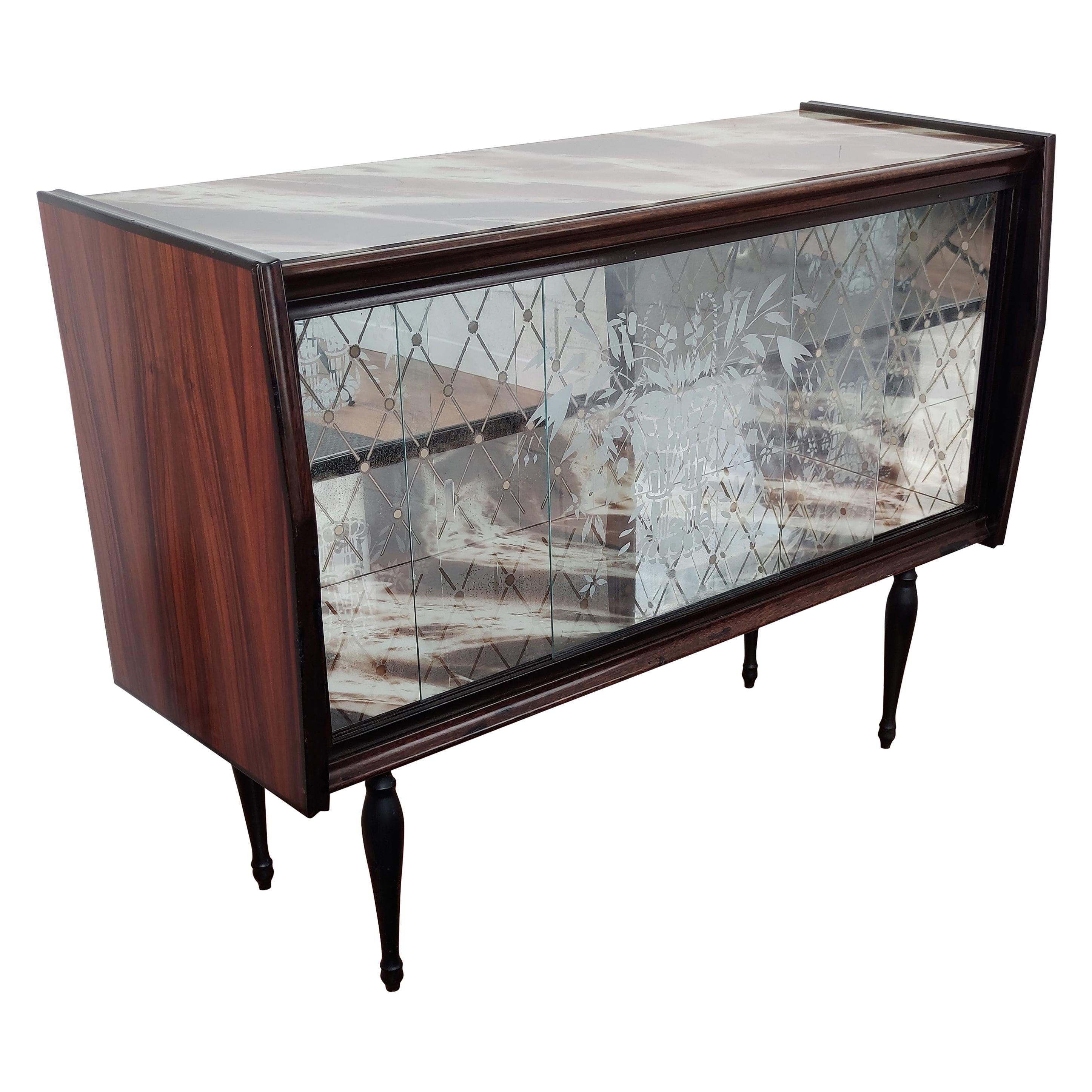 1950s Italian Art Deco Midcentury Regency Wood and Mirror Mosaic Dry Bar Cabinet