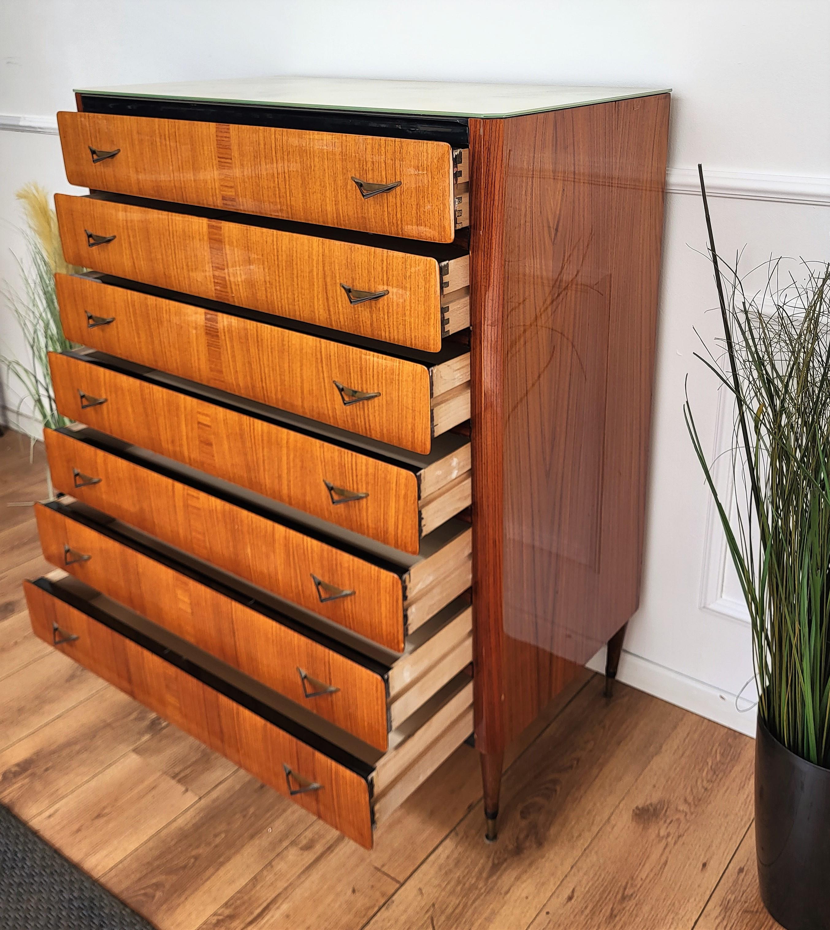 20th Century 1950s Italian Art Deco Midcentury Wood and Glass Top Tallboy Chest of Drawers