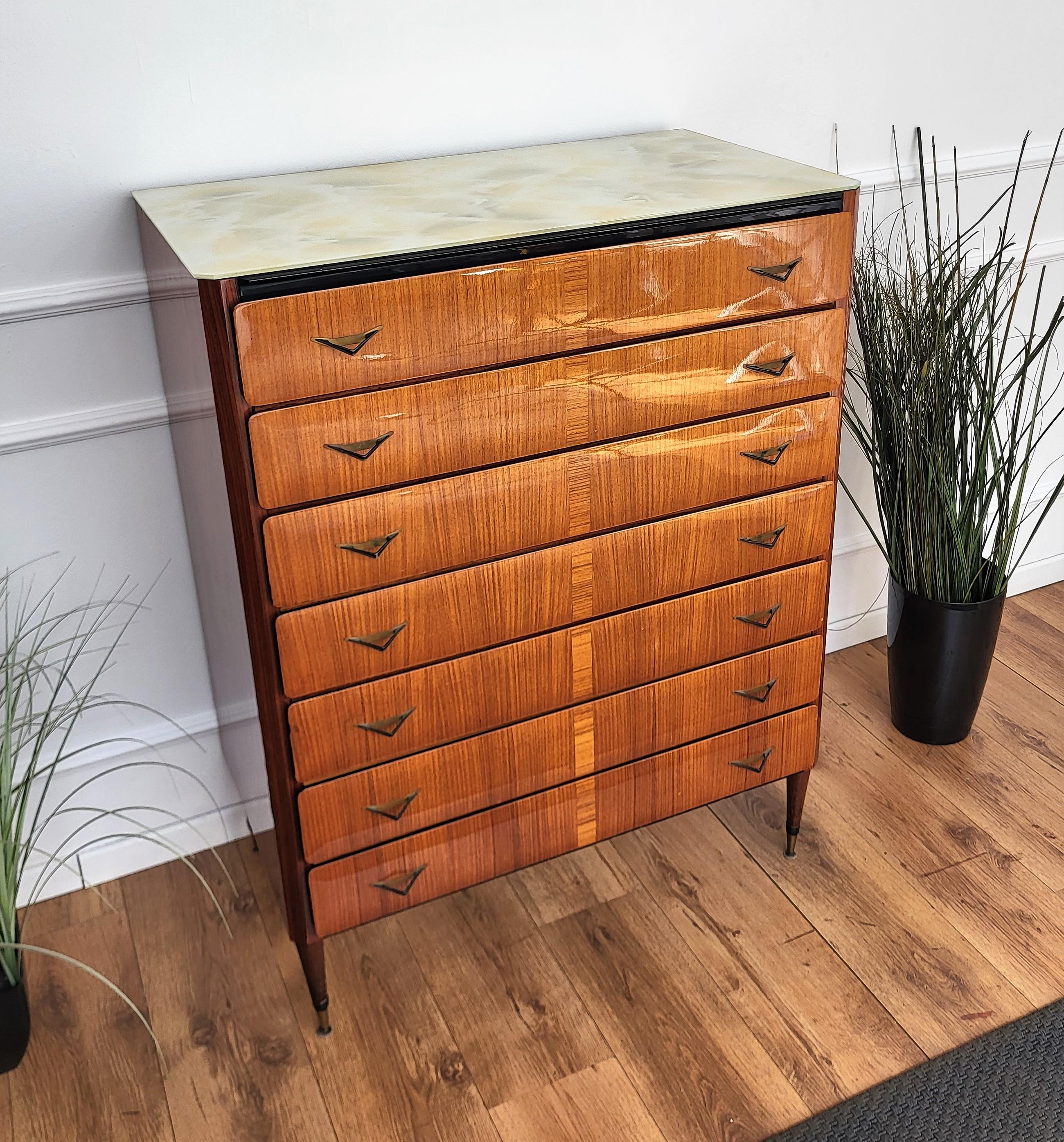 Brass 1950s Italian Art Deco Midcentury Wood and Glass Top Tallboy Chest of Drawers