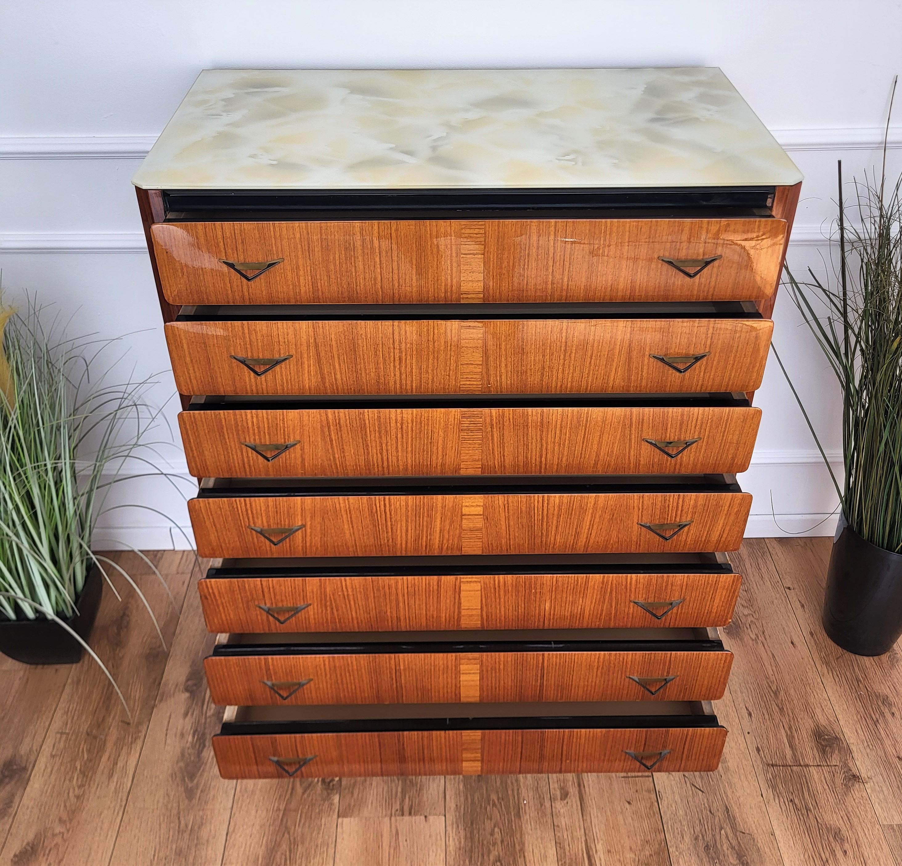 1950s Italian Art Deco Midcentury Wood and Glass Top Tallboy Chest of Drawers 1