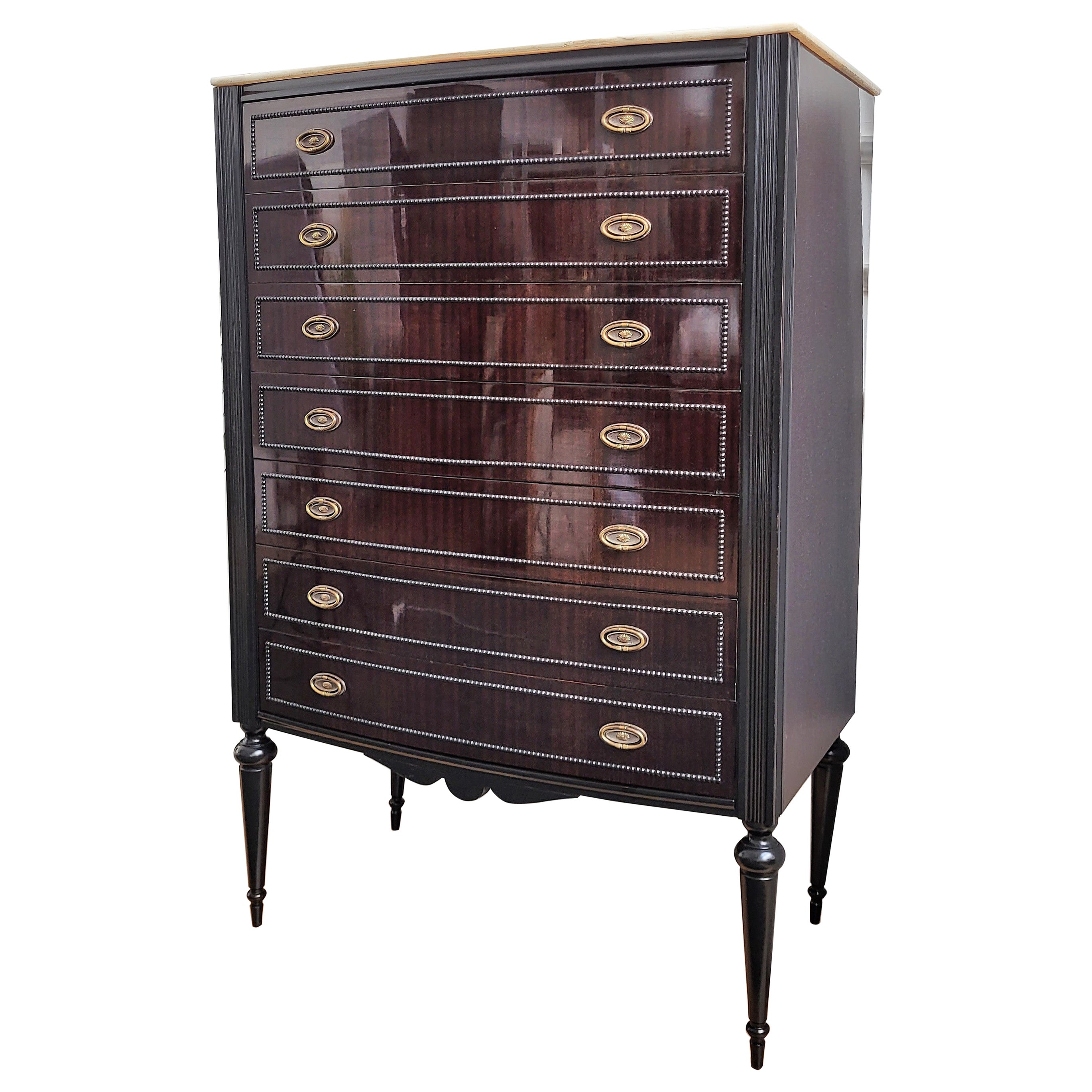 1950s Italian Art Deco Midcentury Wood and White Marble Tallboy Chest of Drawers