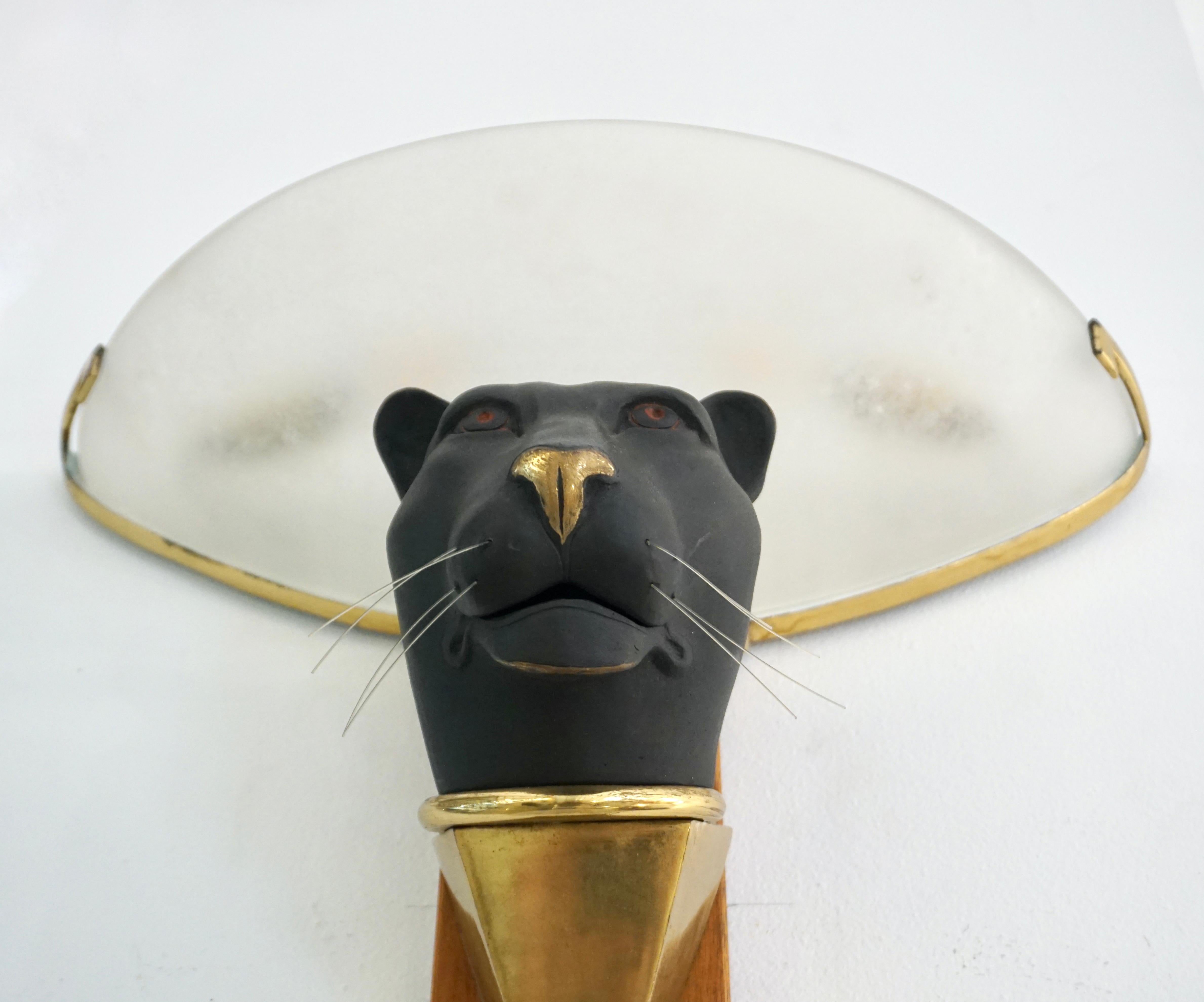 1950s Italian Art Deco Pair of Black Panther Bronze Frosted Glass Wall Lights 3