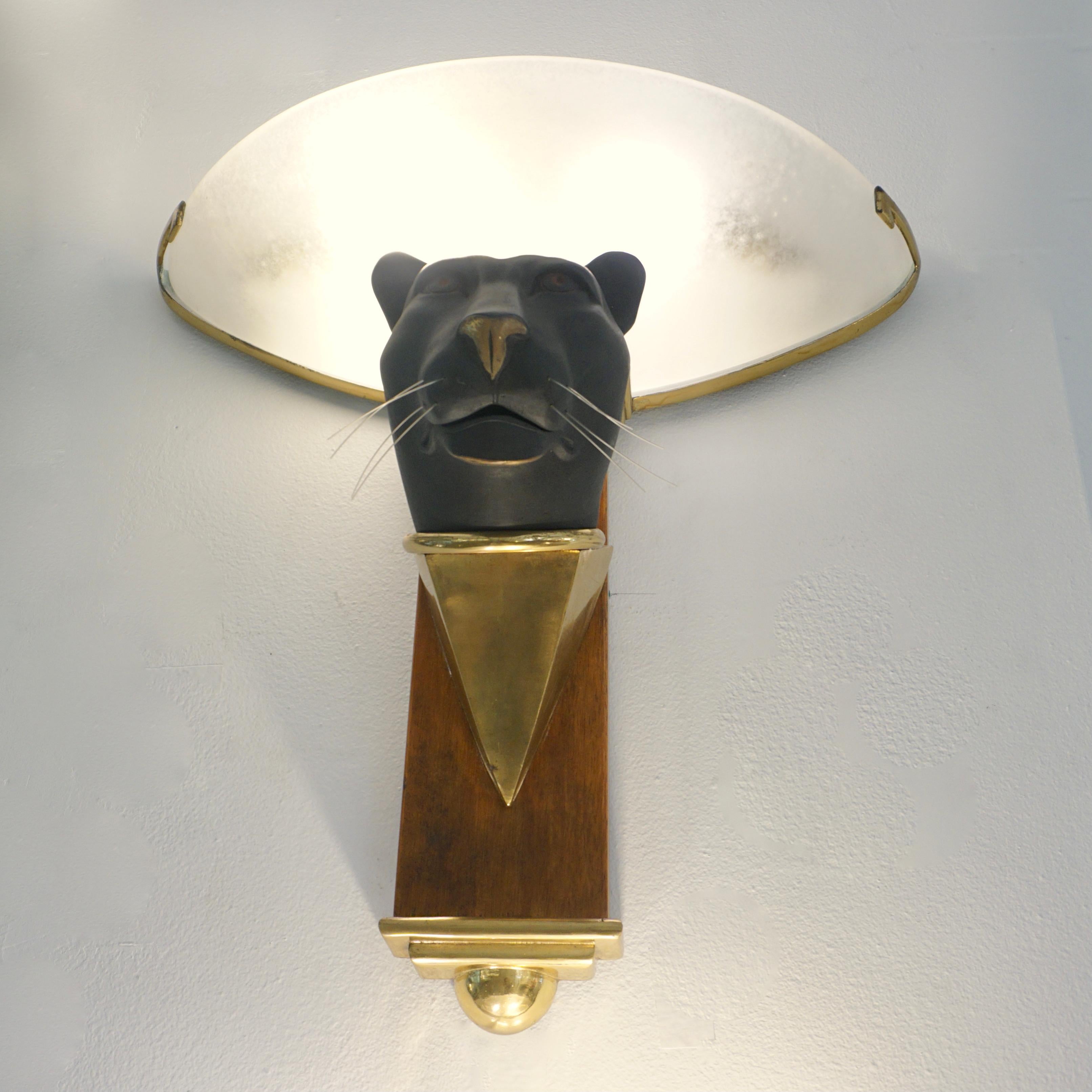 1950s Italian Art Deco Pair of Black Panther Bronze Frosted Glass Wall Lights 4
