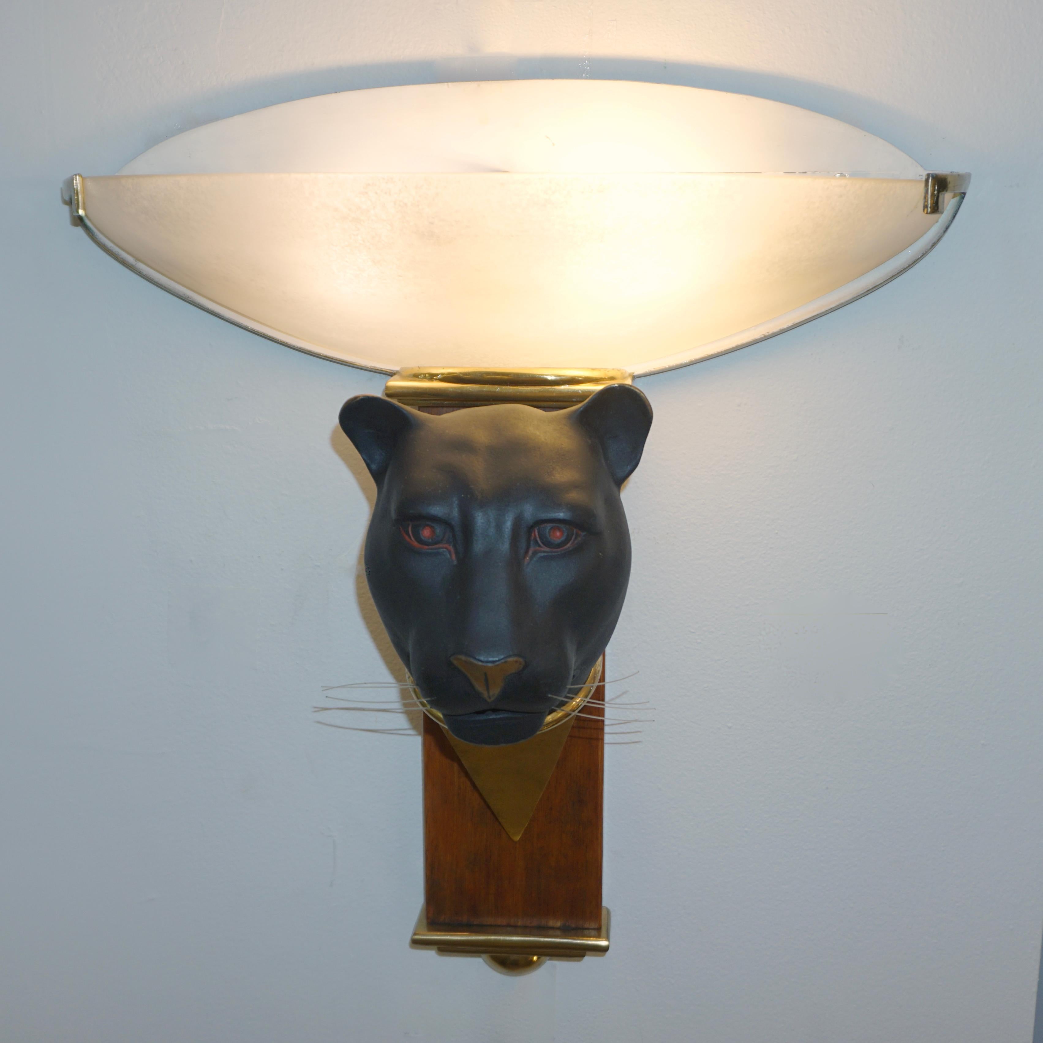 1950s Italian Art Deco Pair of Black Panther Bronze Frosted Glass Wall Lights 6