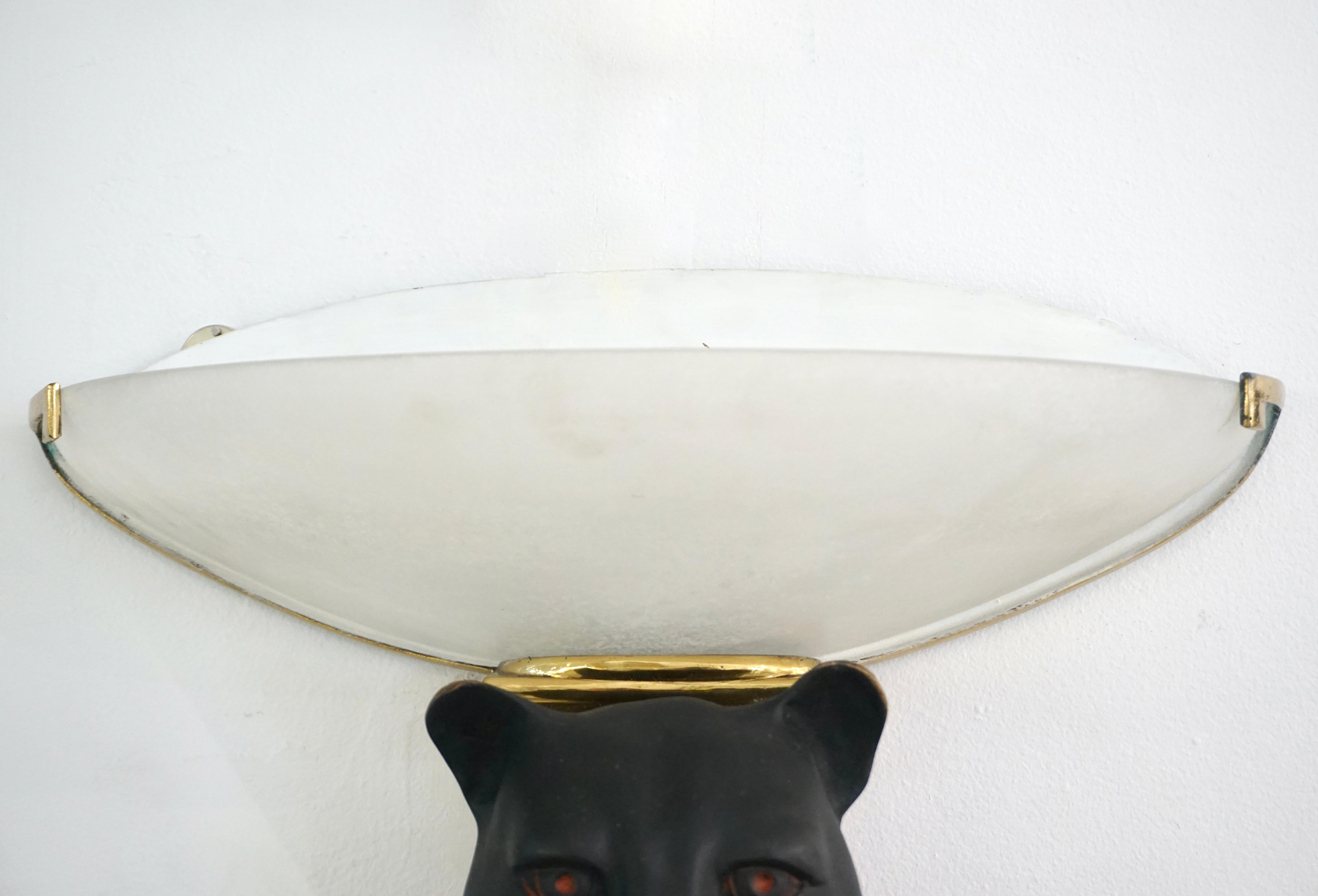 20th Century 1950s Italian Art Deco Pair of Black Panther Bronze Frosted Glass Wall Lights