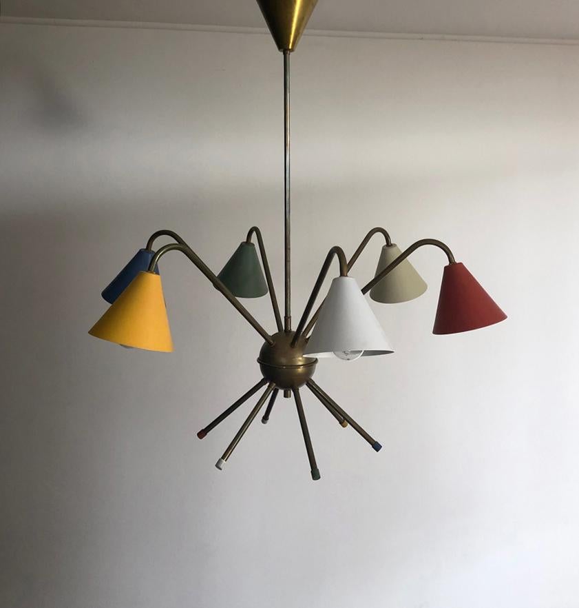 Mid-Century Modern 1950s Italian Atomic Chandelier in the Style of Angelo Lelli, 6 Cups