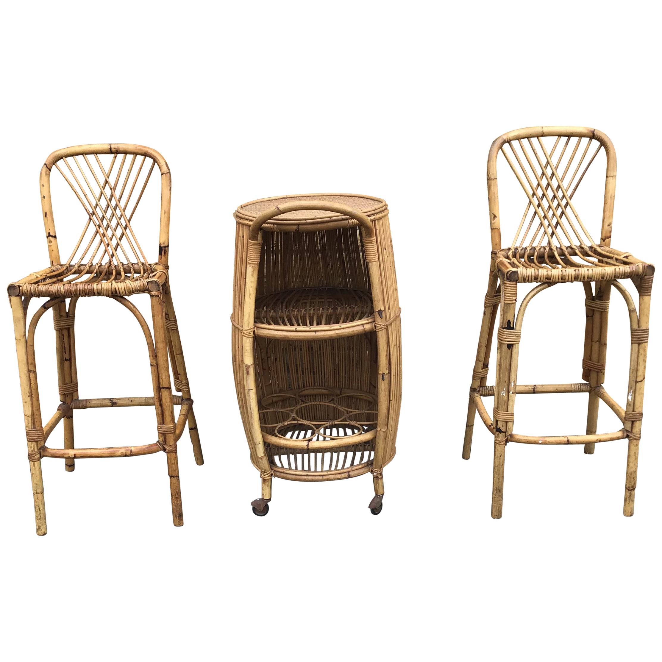 1950s Italian Bamboo Bar Set/Rattan Chairs and Bar/1950s Bamboo