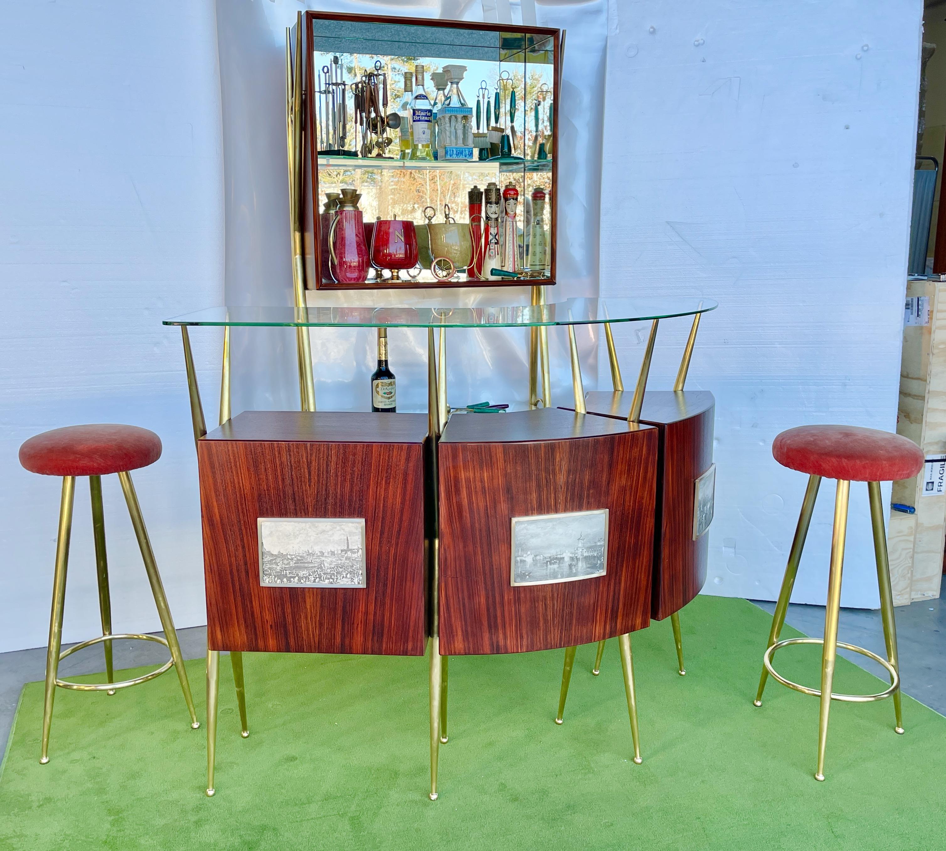 1950's Italian Bar, Back Bar and Pair of Brass Bar Stools For Sale 5