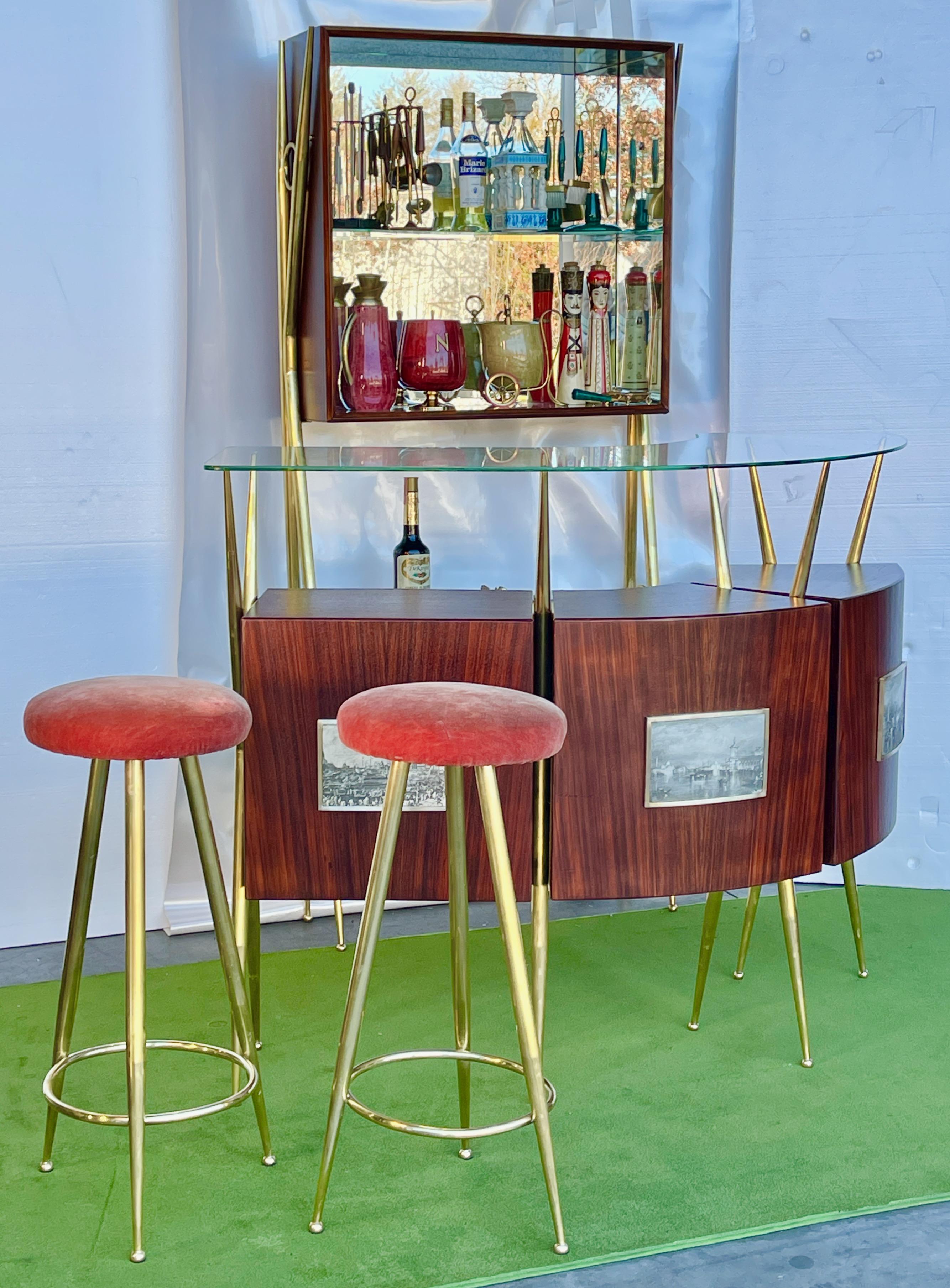 1950's Italian Bar, Back Bar and Pair of Brass Bar Stools For Sale 6
