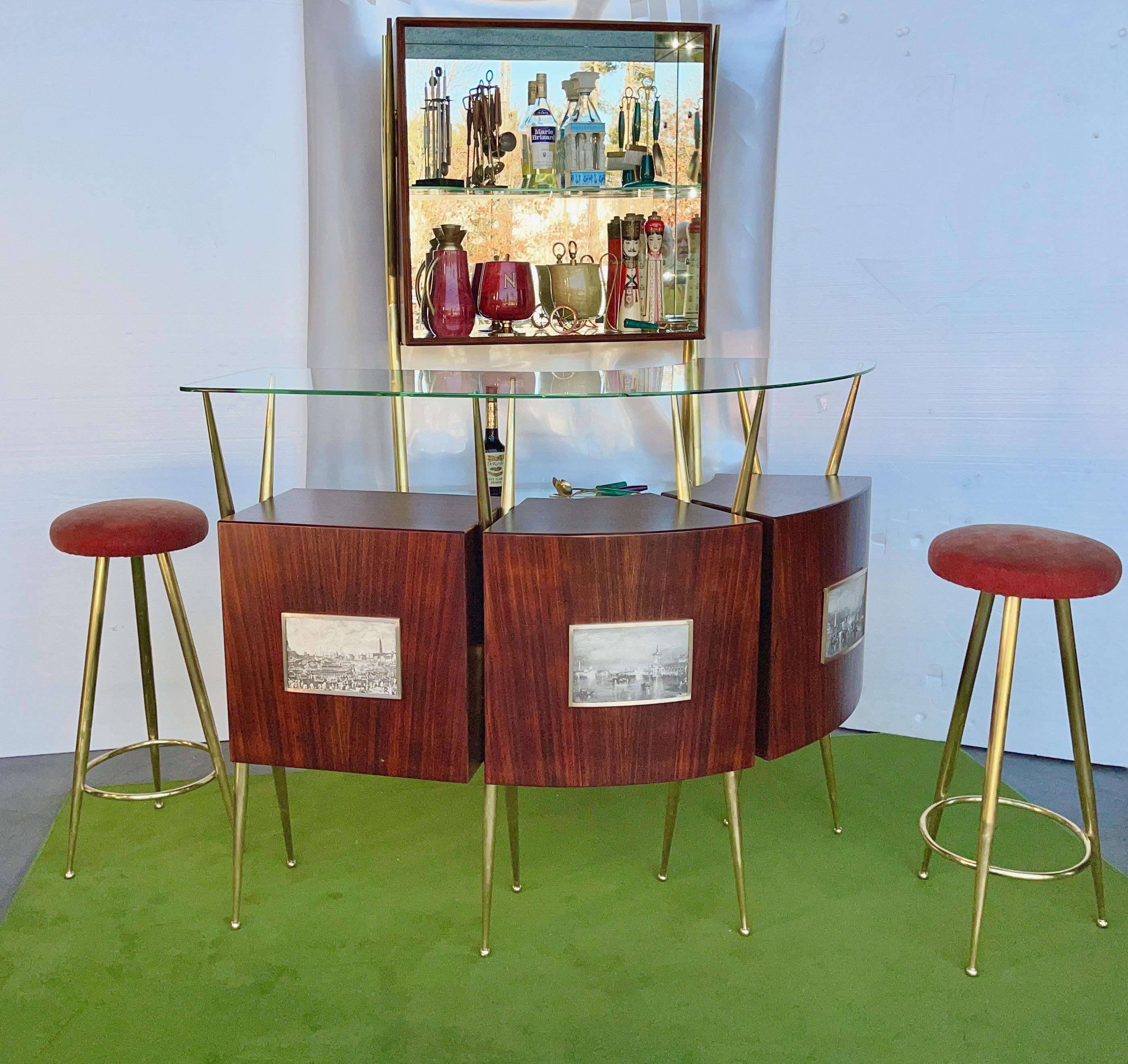 1950's Italian Bar, Back Bar and Pair of Brass Bar Stools For Sale 4