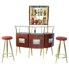 1950's Italian Bar, Back Bar and Pair of Brass Bar Stools