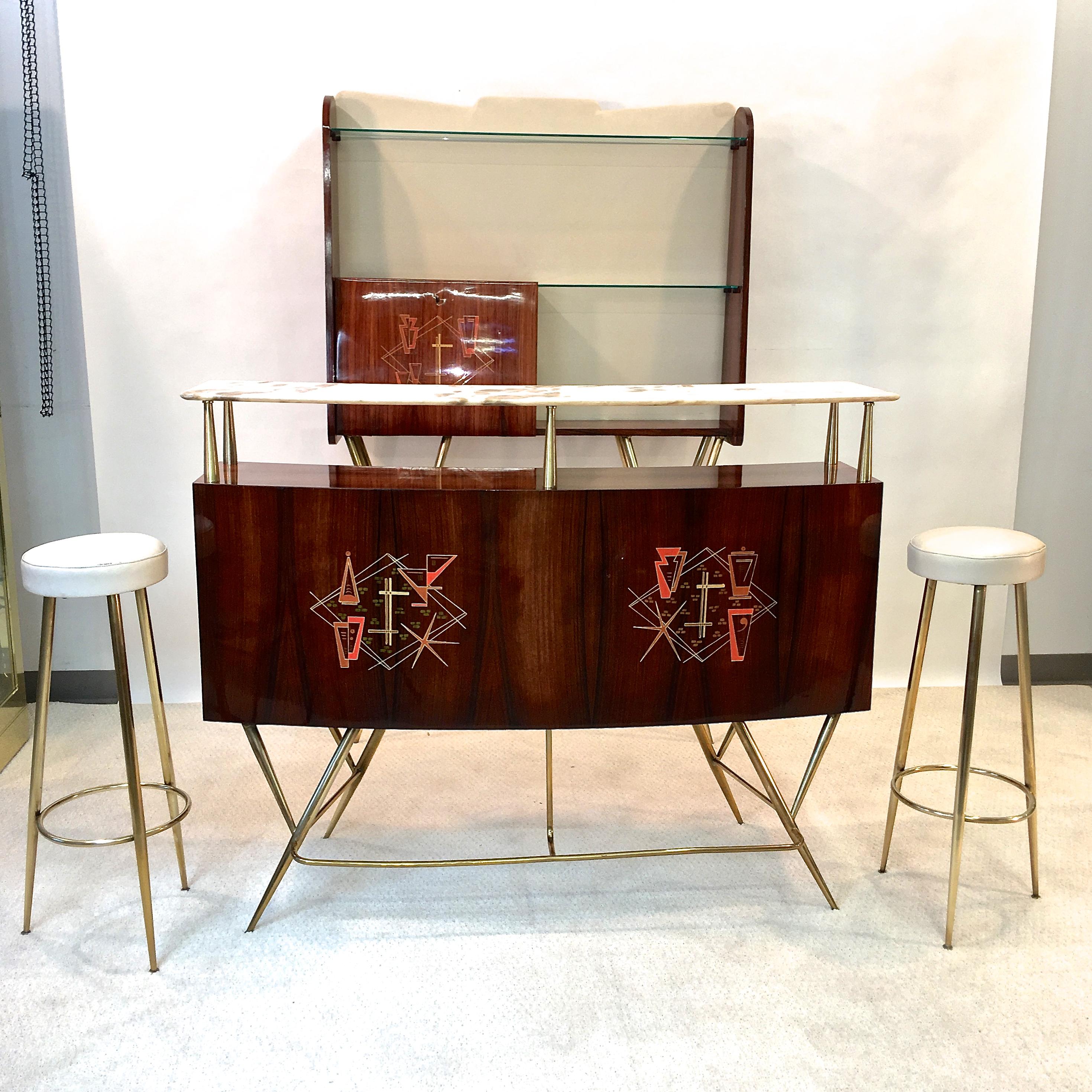 1950s Italian Bar, Back Bar and Pair of Brass Tripod Stools 5