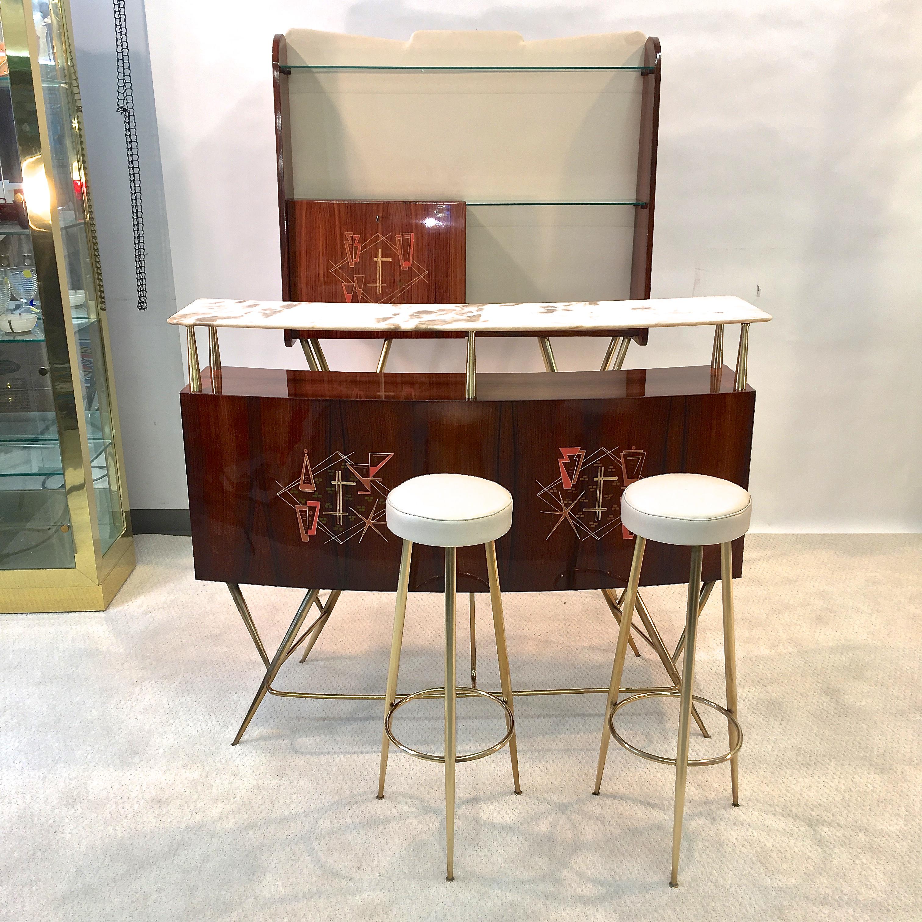 1950s Italian Bar, Back Bar and Pair of Brass Tripod Stools 7