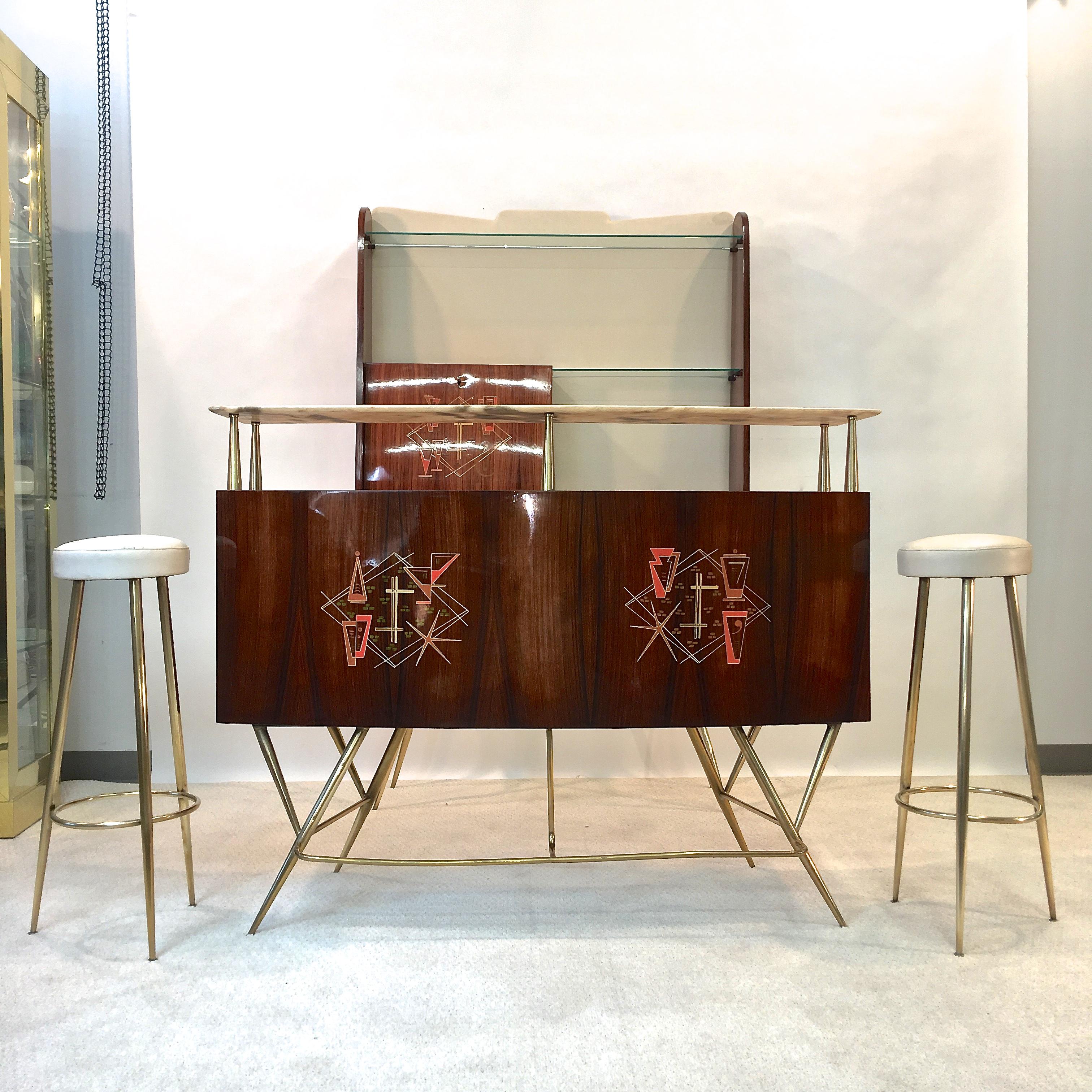 1950s Italian Bar, Back Bar and Pair of Brass Tripod Stools 8
