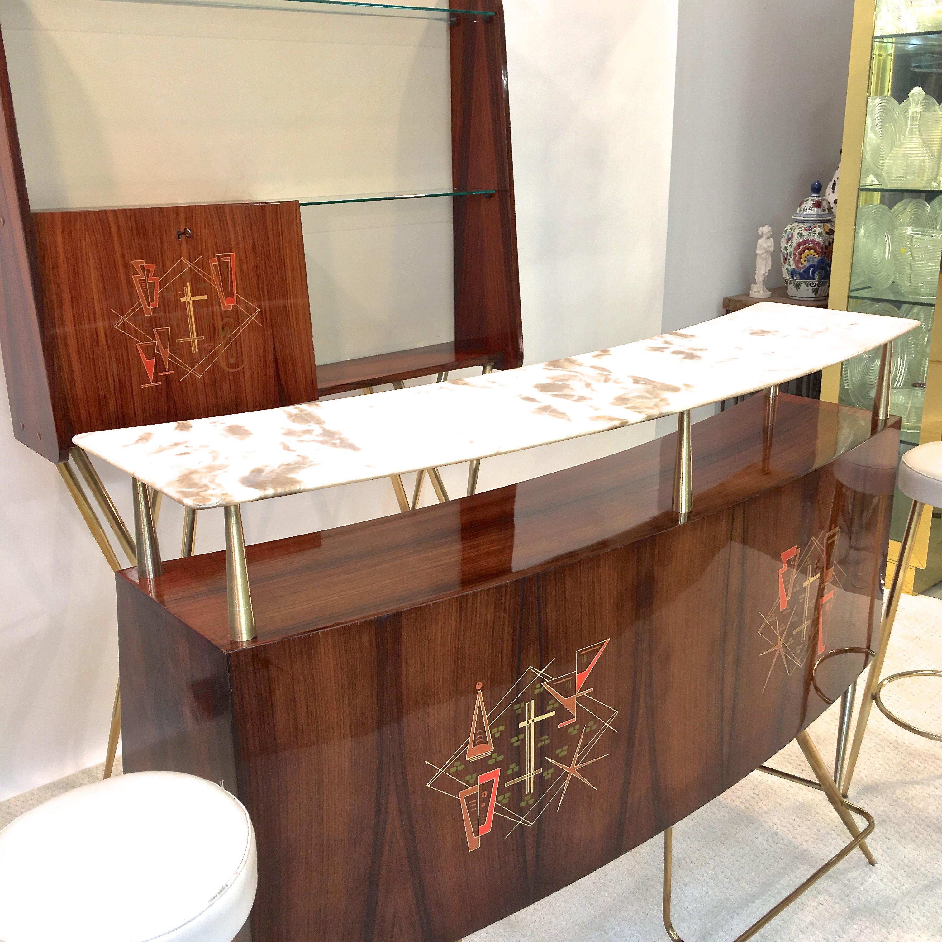 1950s Italian Bar, Back Bar and Pair of Brass Tripod Stools 9