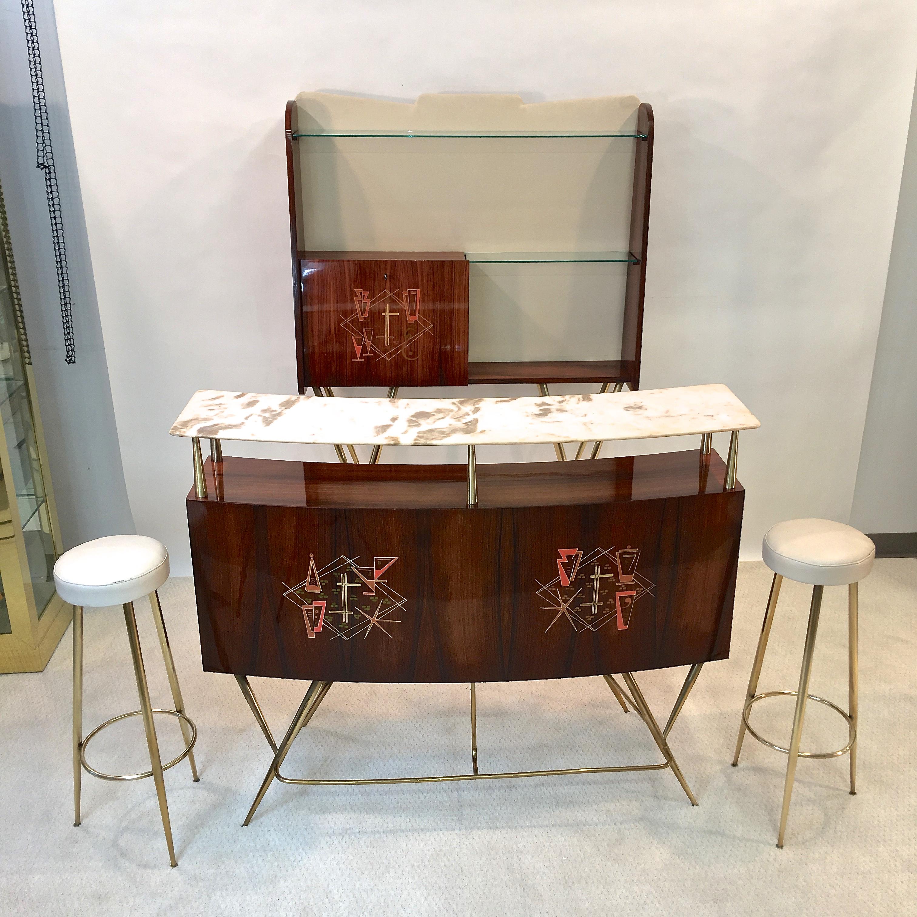 1950s Italian Bar, Back Bar and Pair of Brass Tripod Stools 10