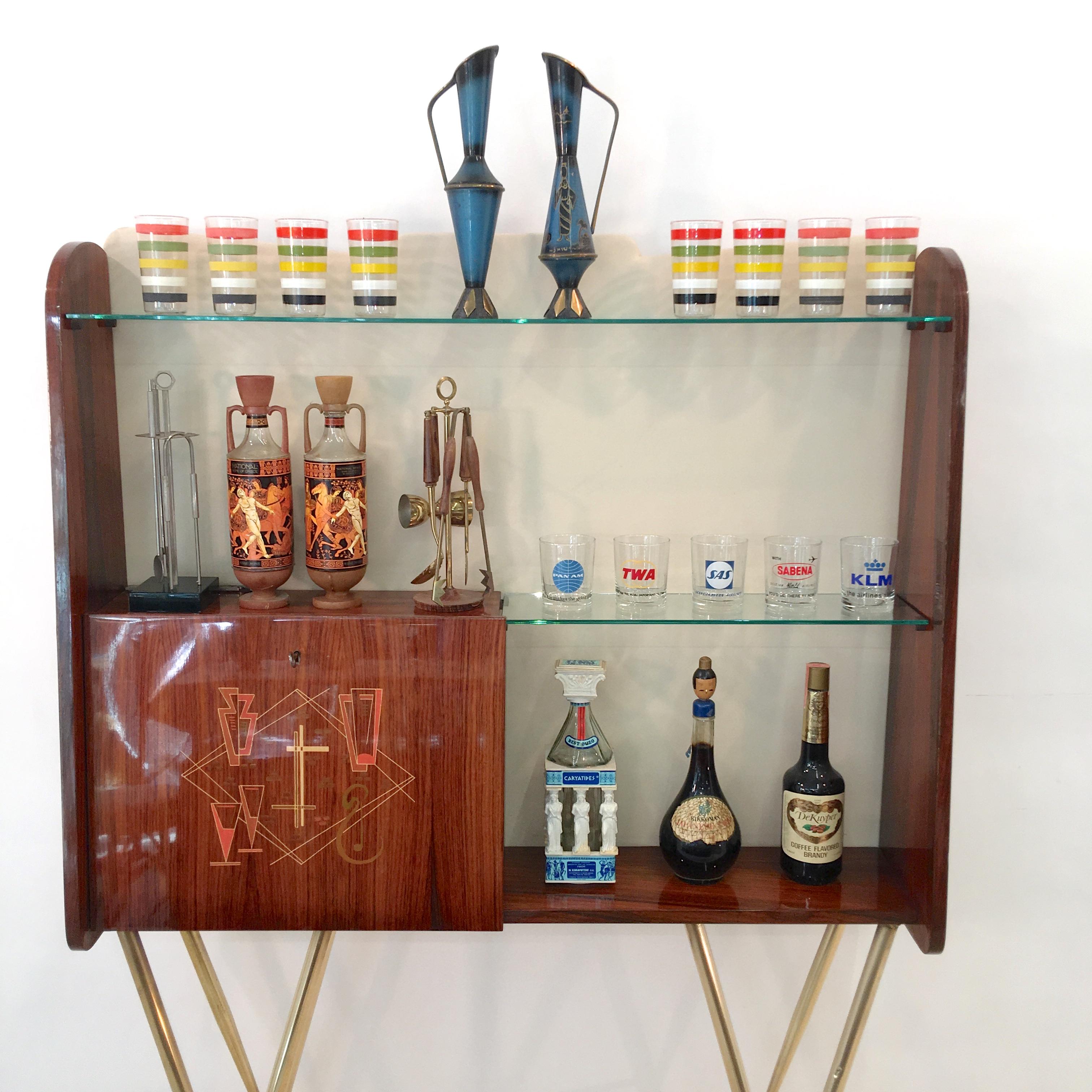 1950s Italian Bar, Back Bar and Pair of Brass Tripod Stools 12