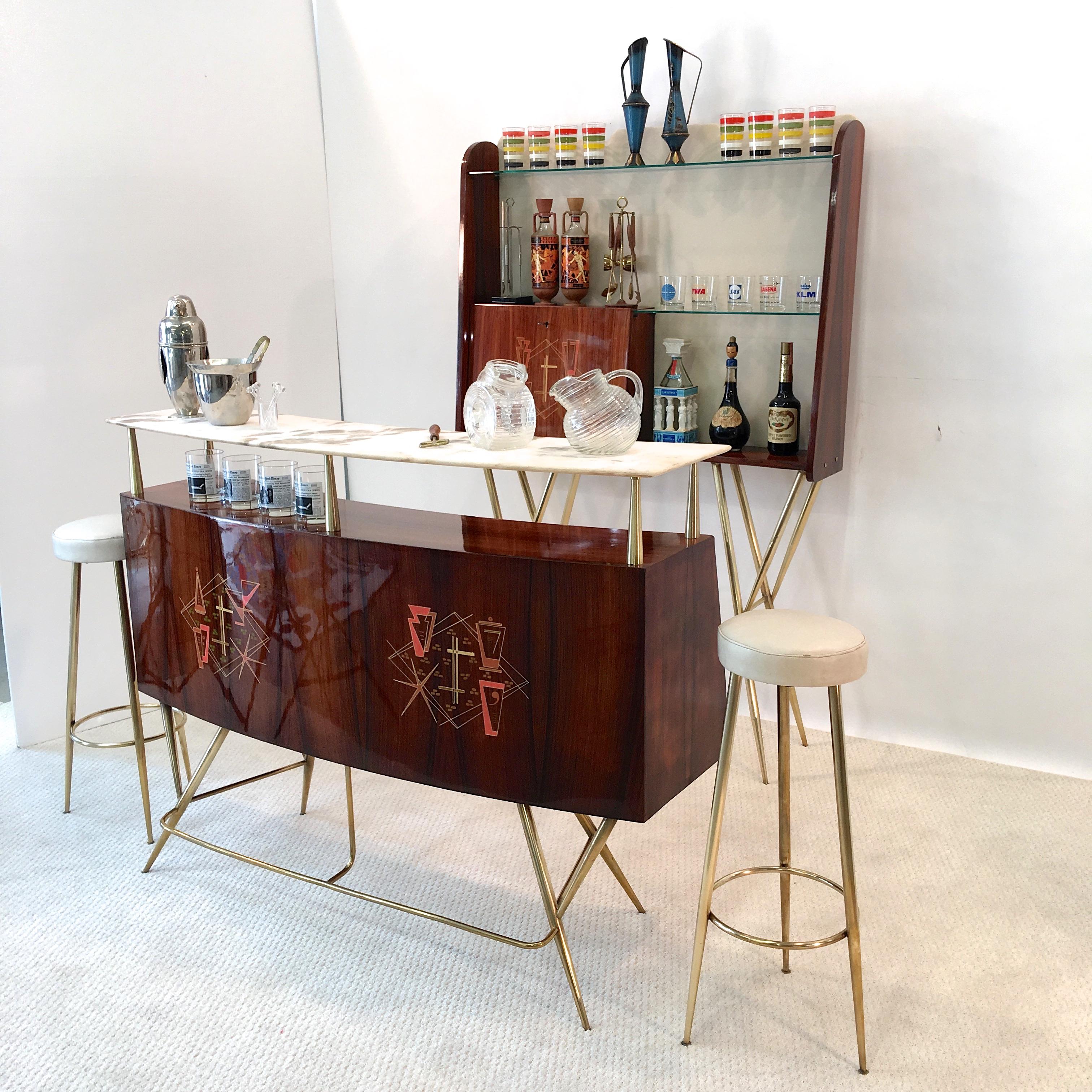 1950s Italian Bar, Back Bar and Pair of Brass Tripod Stools 13