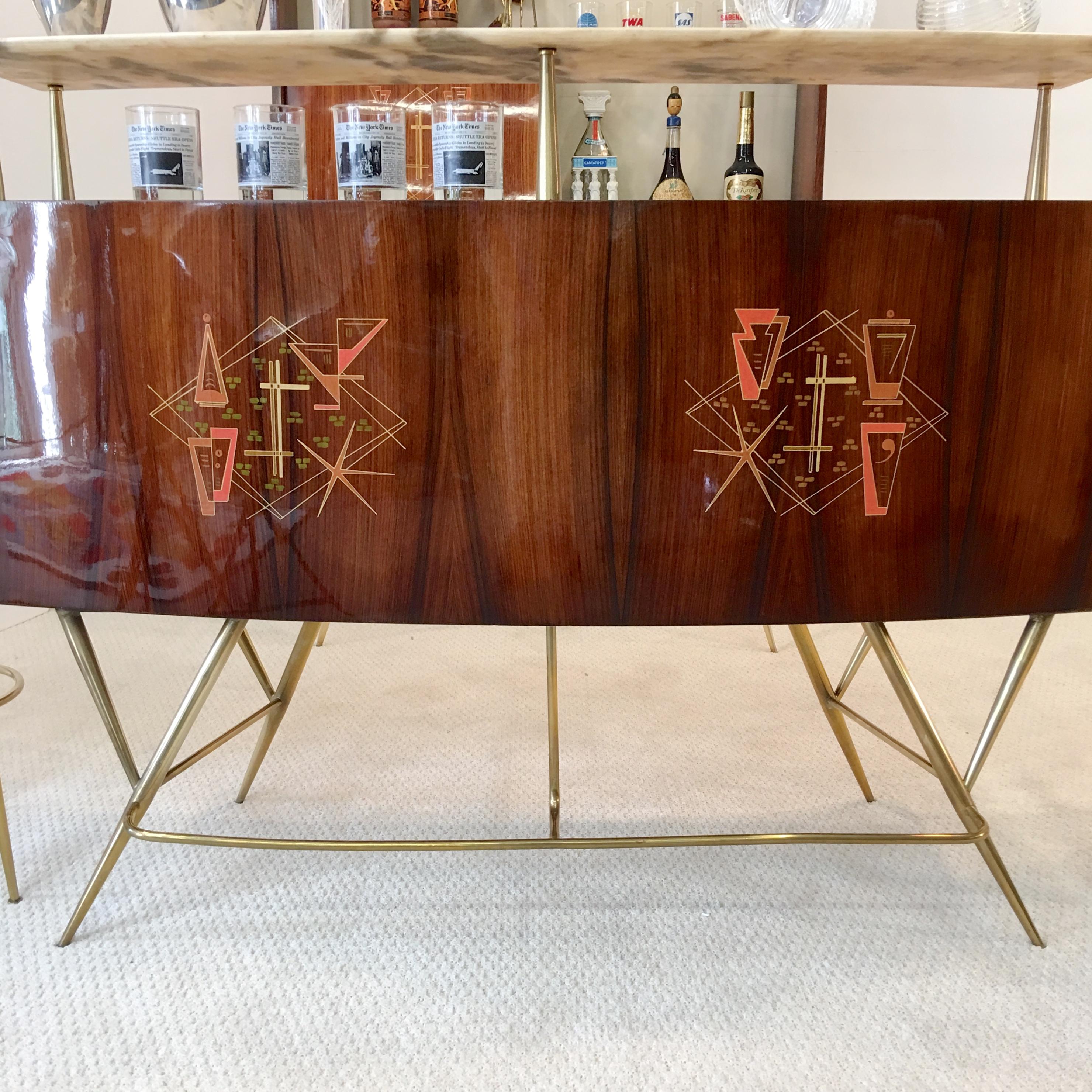 1950s Italian Bar, Back Bar and Pair of Brass Tripod Stools 14