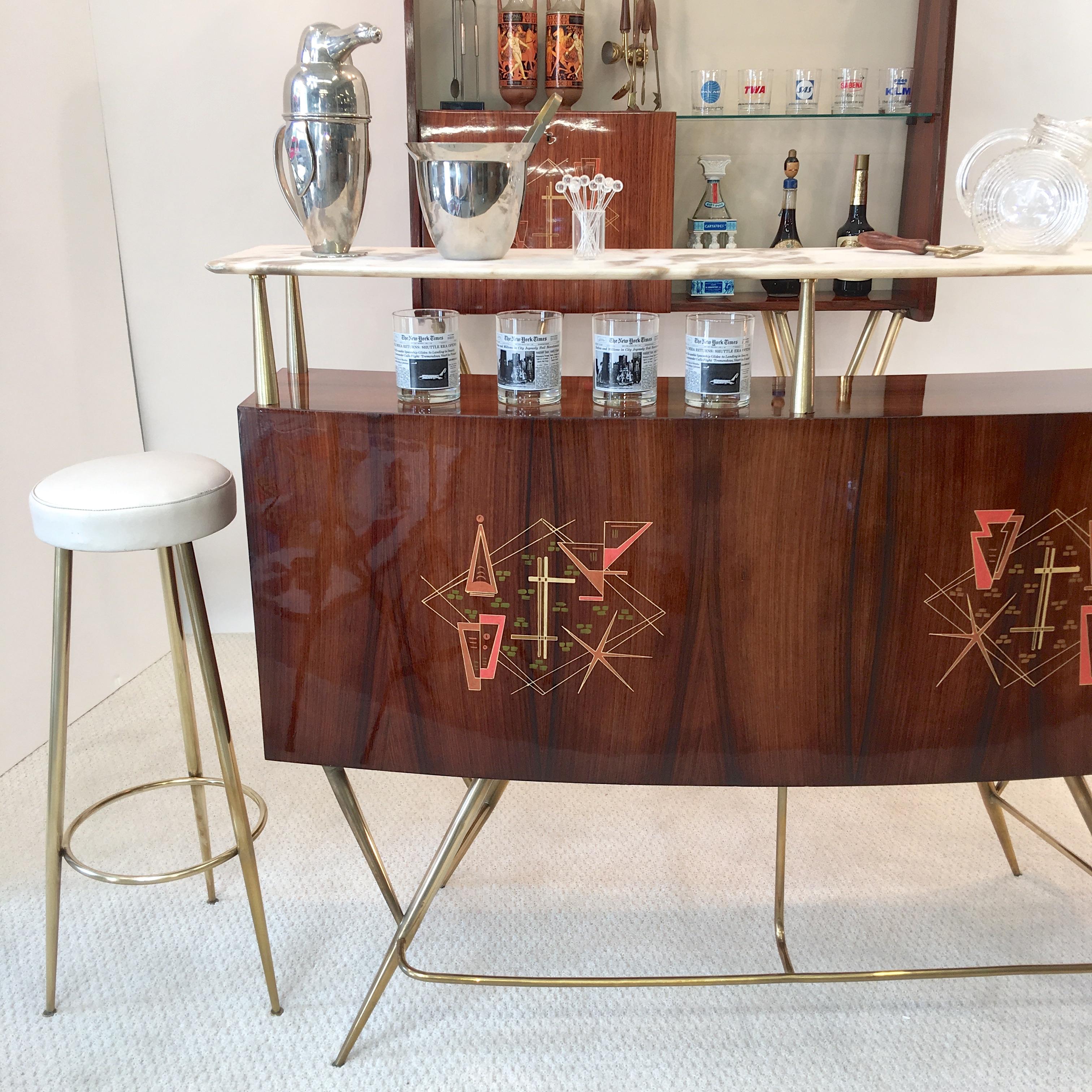1950s Italian Bar, Back Bar and Pair of Brass Tripod Stools 15