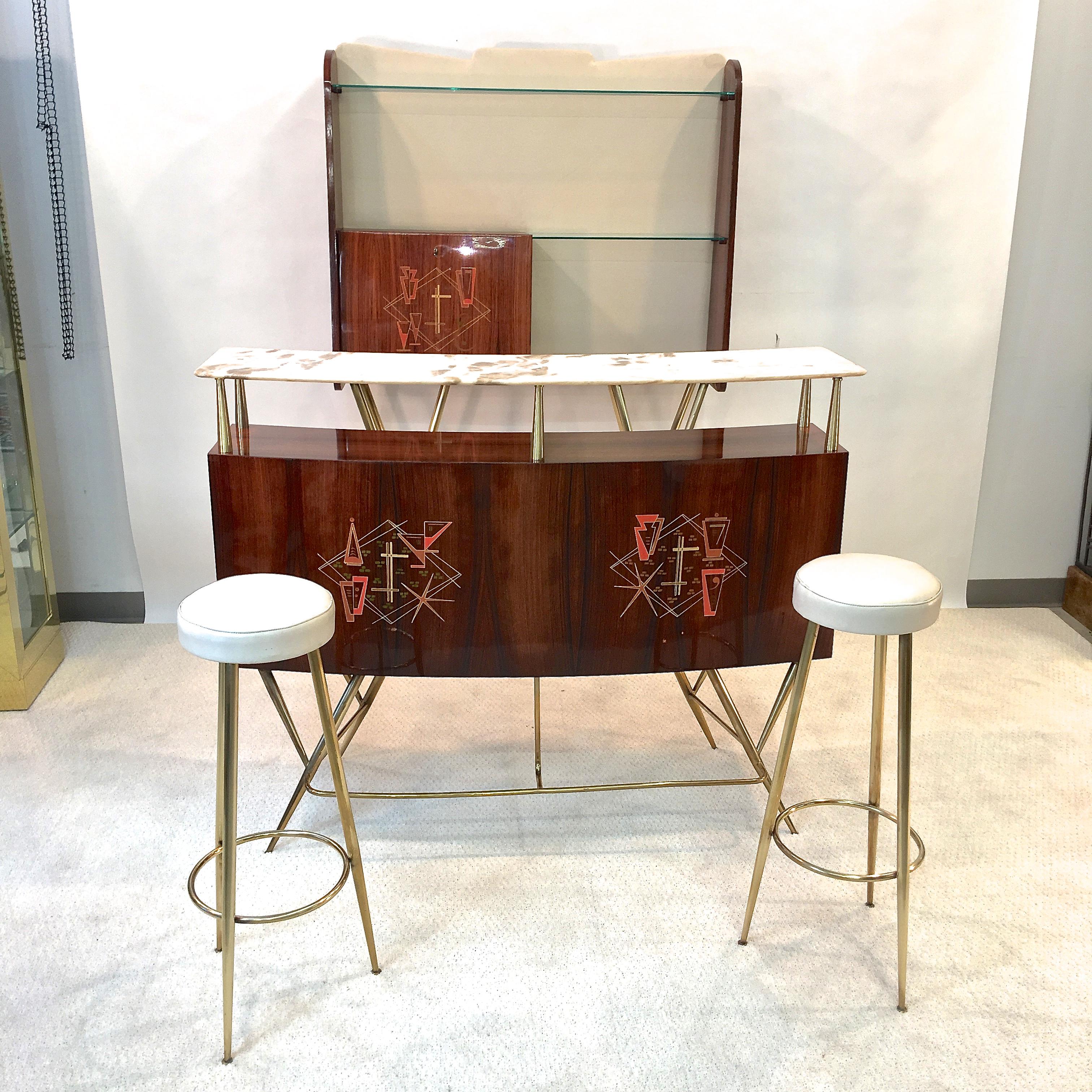 1950s Italian Bar, Back Bar and Pair of Brass Tripod Stools In Good Condition In Hanover, MA