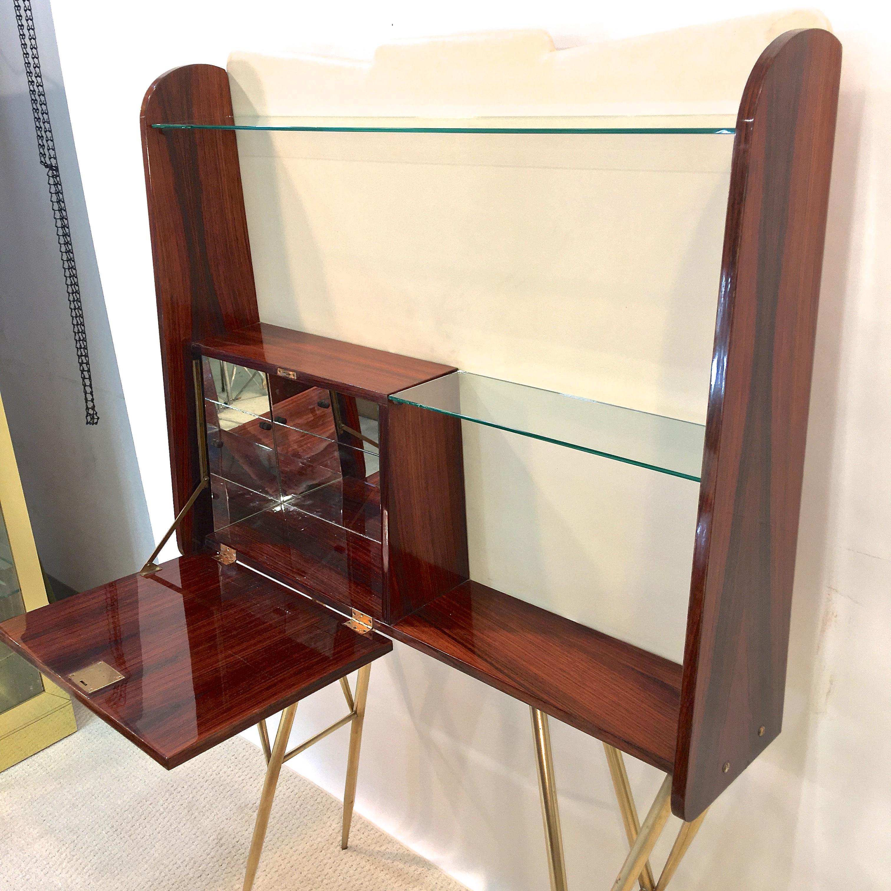 1950s Italian Bar, Back Bar and Pair of Brass Tripod Stools 1