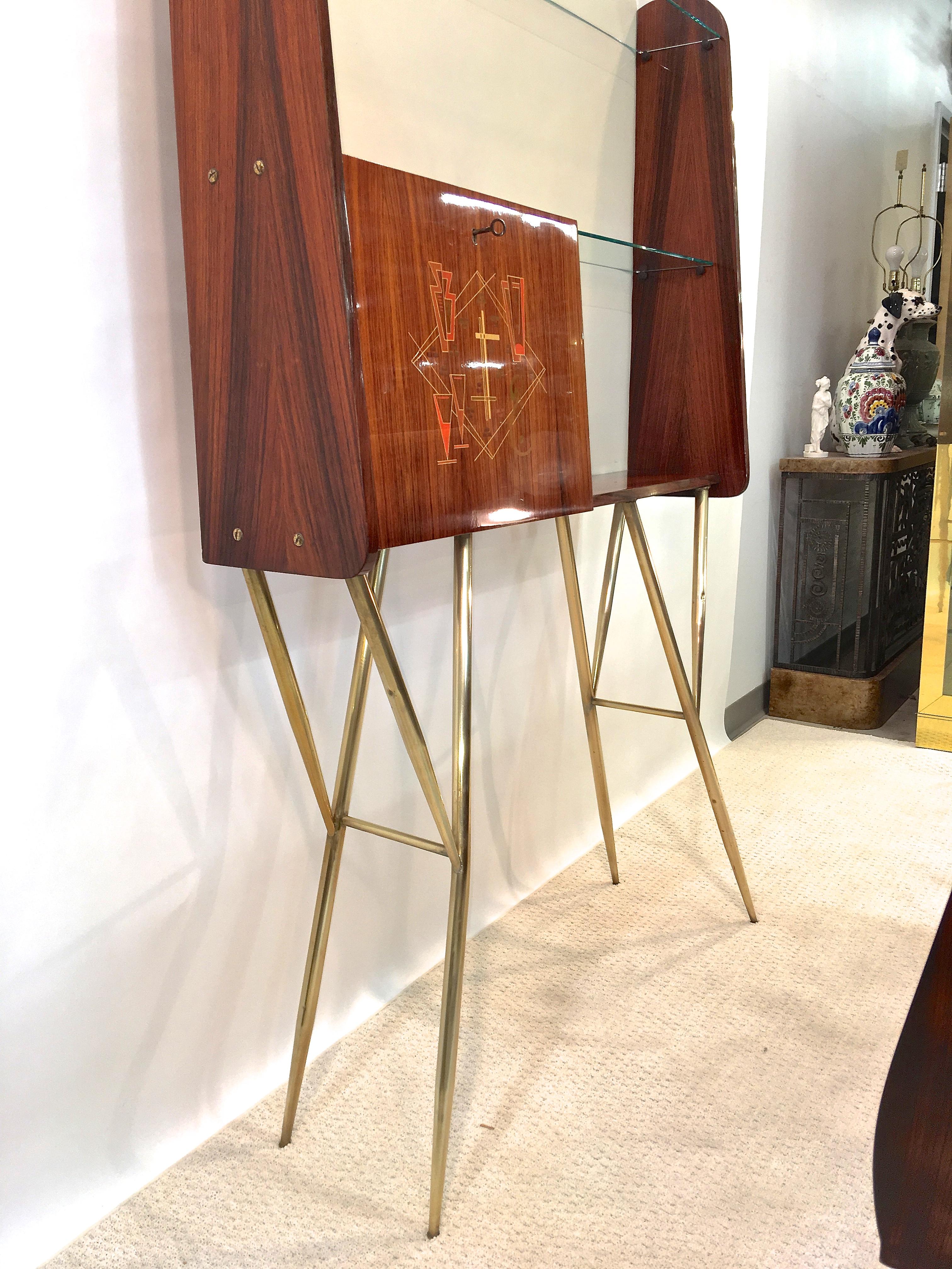 1950s Italian Bar, Back Bar and Pair of Brass Tripod Stools 2