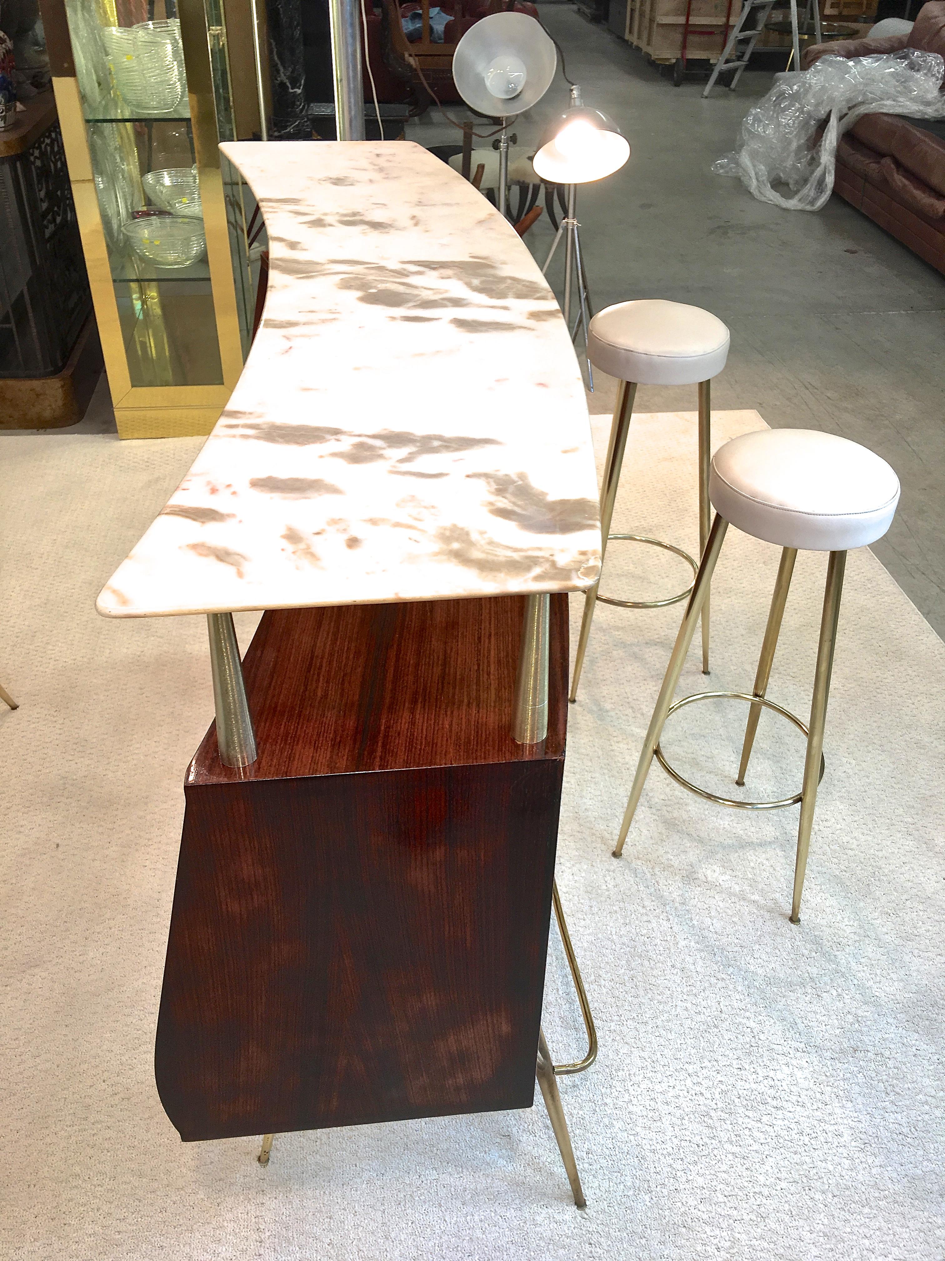 1950s Italian Bar, Back Bar and Pair of Brass Tripod Stools 3