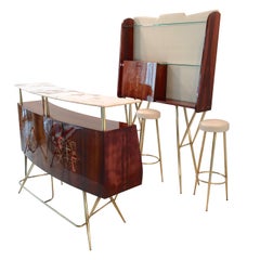 1950s Italian Bar, Back Bar and Pair of Brass Tripod Stools