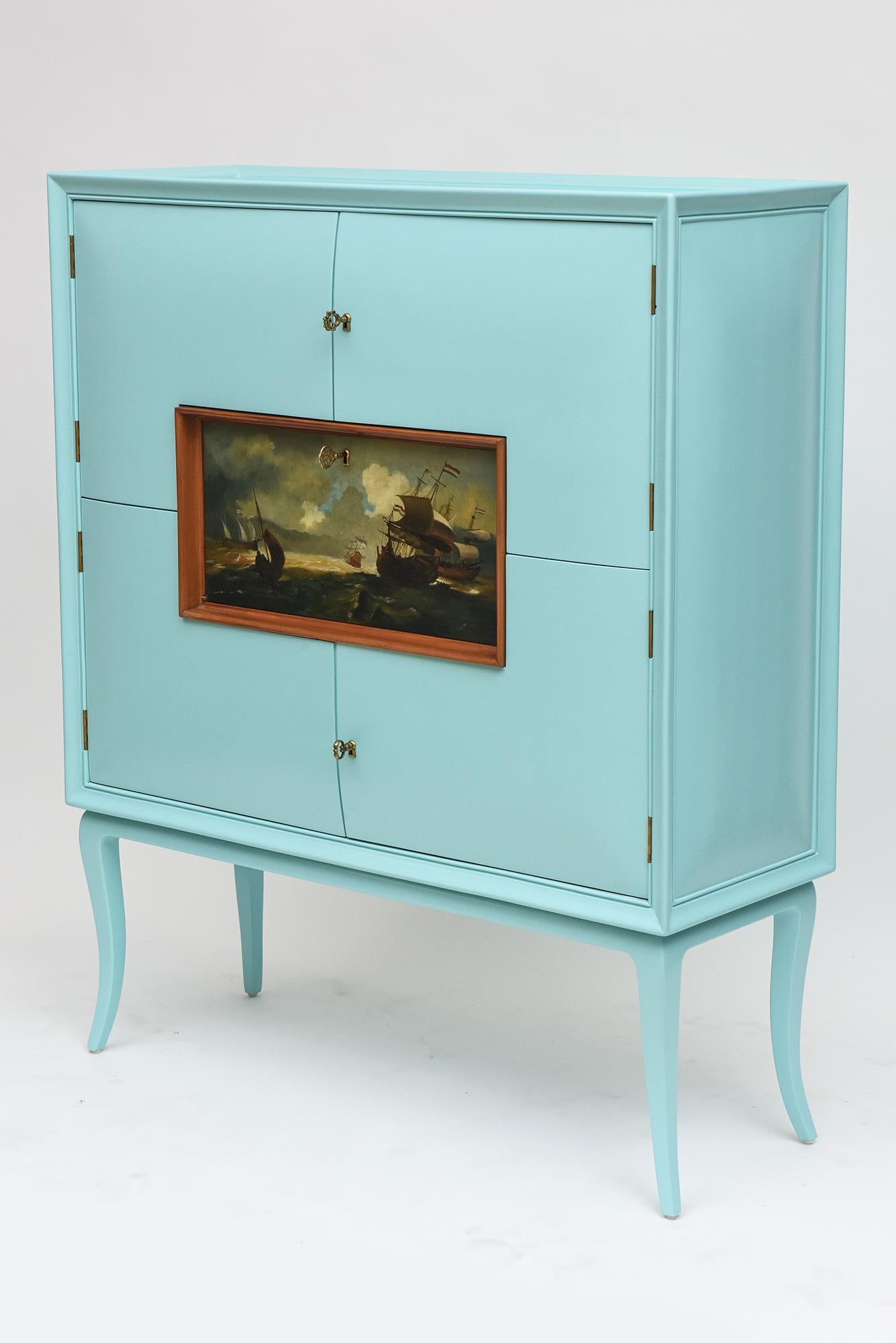 1950s Italian Bar Cabinet with Dutch Maritime Oil Painting For Sale 6